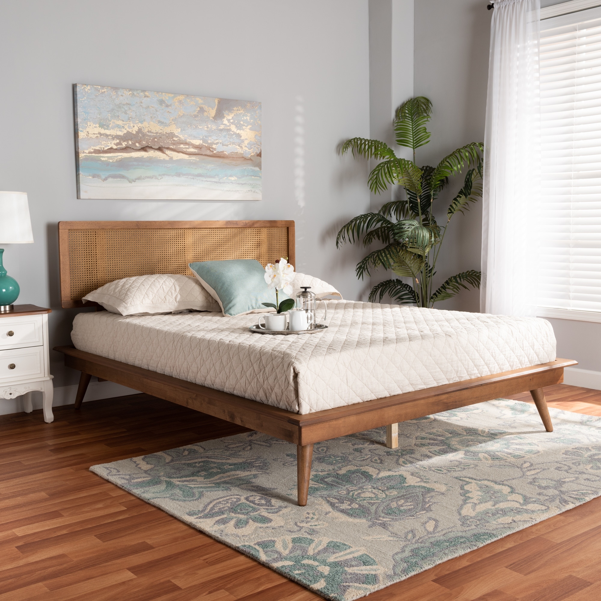 Baxton Studio Nura Mid-Century Walnut Brown Wood and Rattan Platform Bed - Full Full