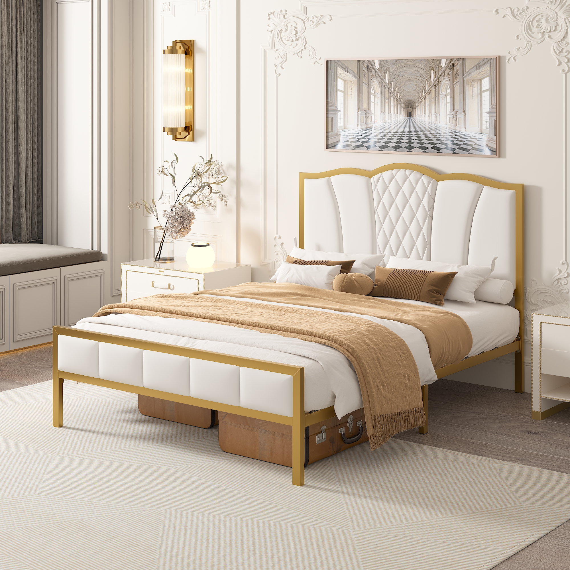 Full Size Bed Frame，Modern Upholstered Bed Frame with Tufted Headboard，Golden Metal Platform Bed Frame with Wood Slat Support，No Box Spring Needed Beige