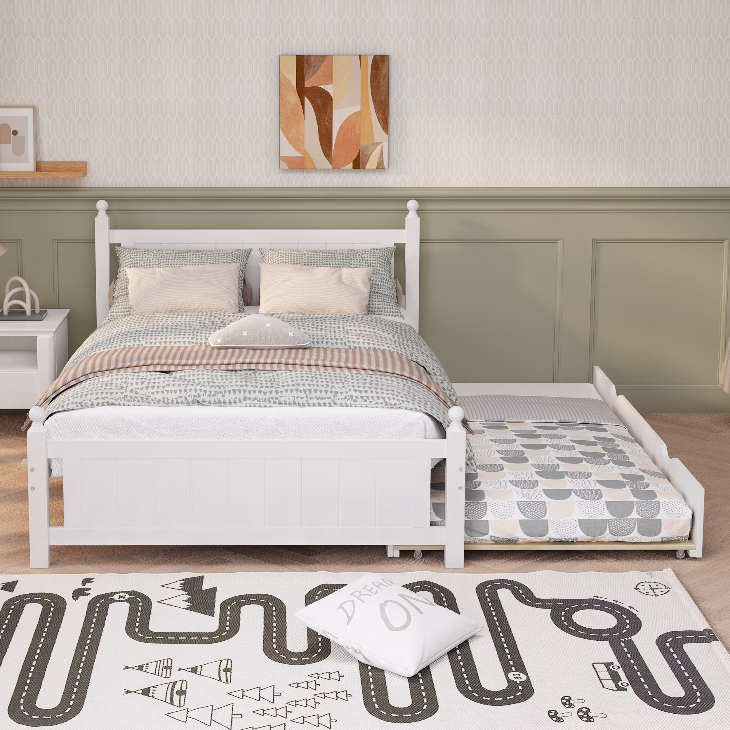 BTMWAY Wood Platform Bed Frame with Storage Bookcase and Trundle Bed, Full Bed Frame with Headboard, No Box Spring Needed, Bedroom Furniture Full Size Bed for Kids, 85''x57.5''x36.7'', Espresso