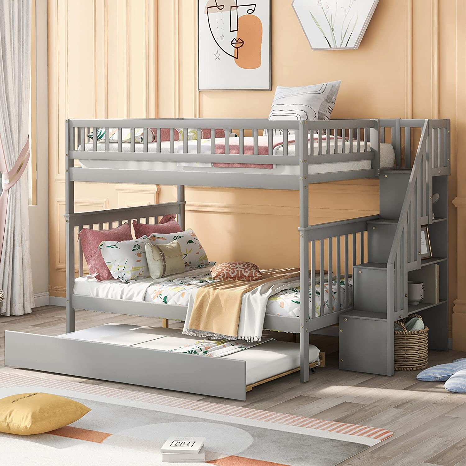 Bunk Bed With Trundle And Staircase, Solid Wood Full Over Full Bunk Beds Frame With Storage Shelf, Safety Rail For Kids Teens, Can Be Separated Into 2 Beds (Full Over Full, Grey)