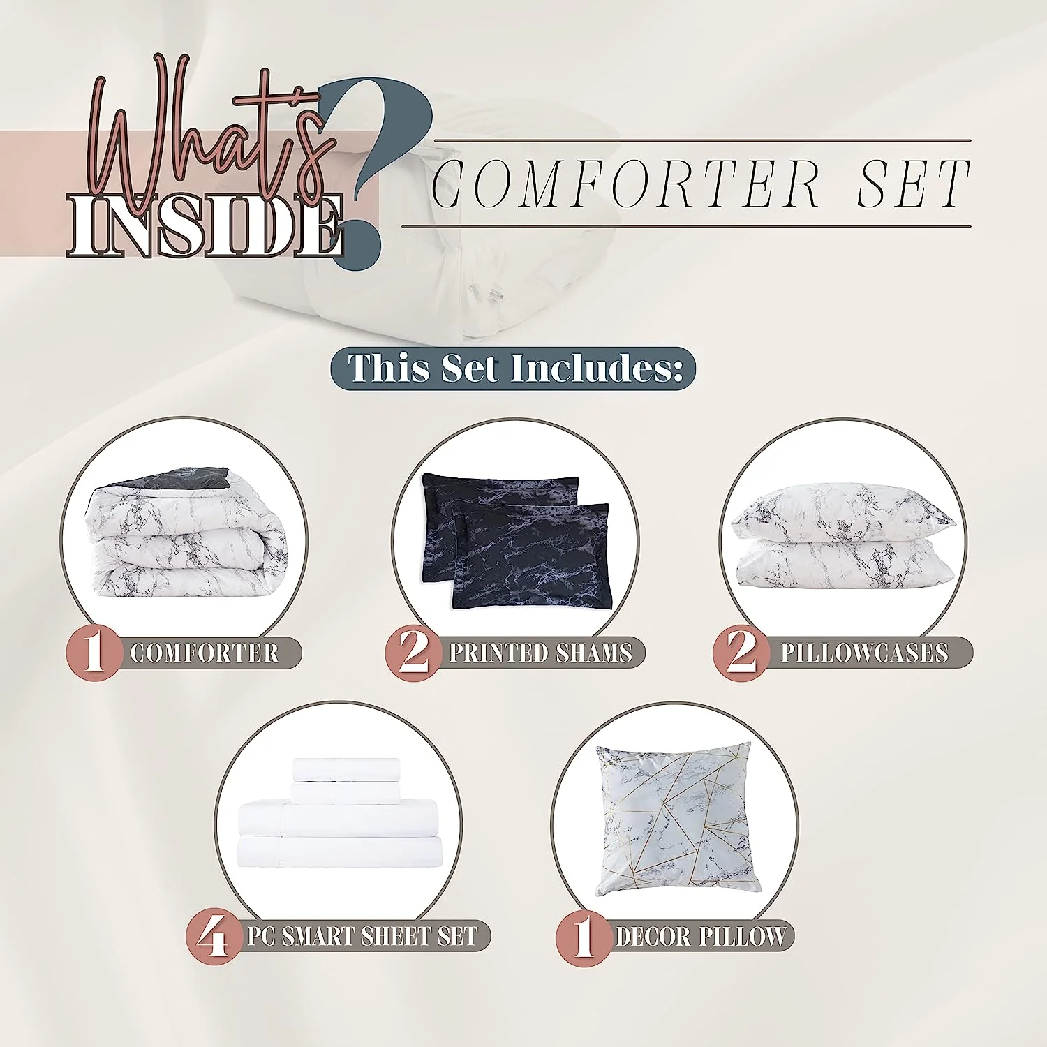 Mocassi Reversible 10-Piece Marble Print Comforter Set - Includes Decorative Pillow, Fitted Sheet with Smart Pockets, Soft and Plush Medium-Weight Material, California King Size, Black/White