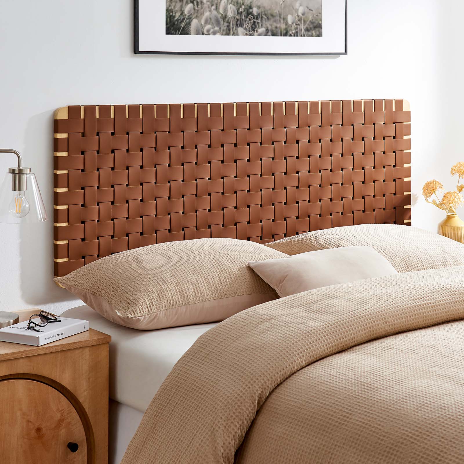 Modway Sparta Weave Wall-Mount Queen Vegan Leather Headboard in Natural Brown