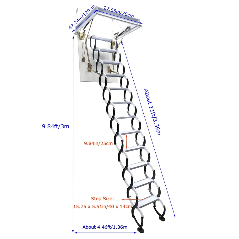 Techtongda Heavy Duty Steel Metal Loft Wall Ladder Stairs Attic Folding Ladder Carbon Steel at Black-White 27.6 x 47.2inch
