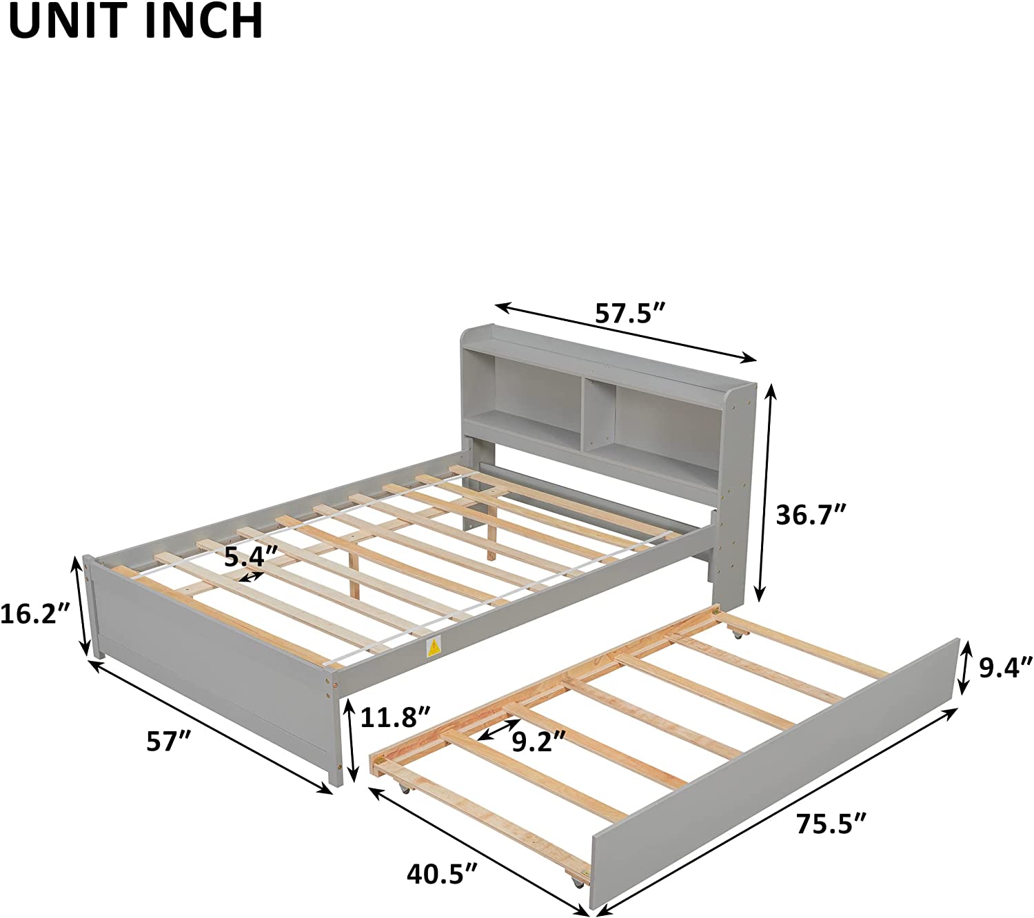 Full Size Bed Frame With Trundle, Full Trundle Bed With Bookcase Headboard, Wood Full Size Platform Bed With Trundle Under For Kids Girls Boys, Grey