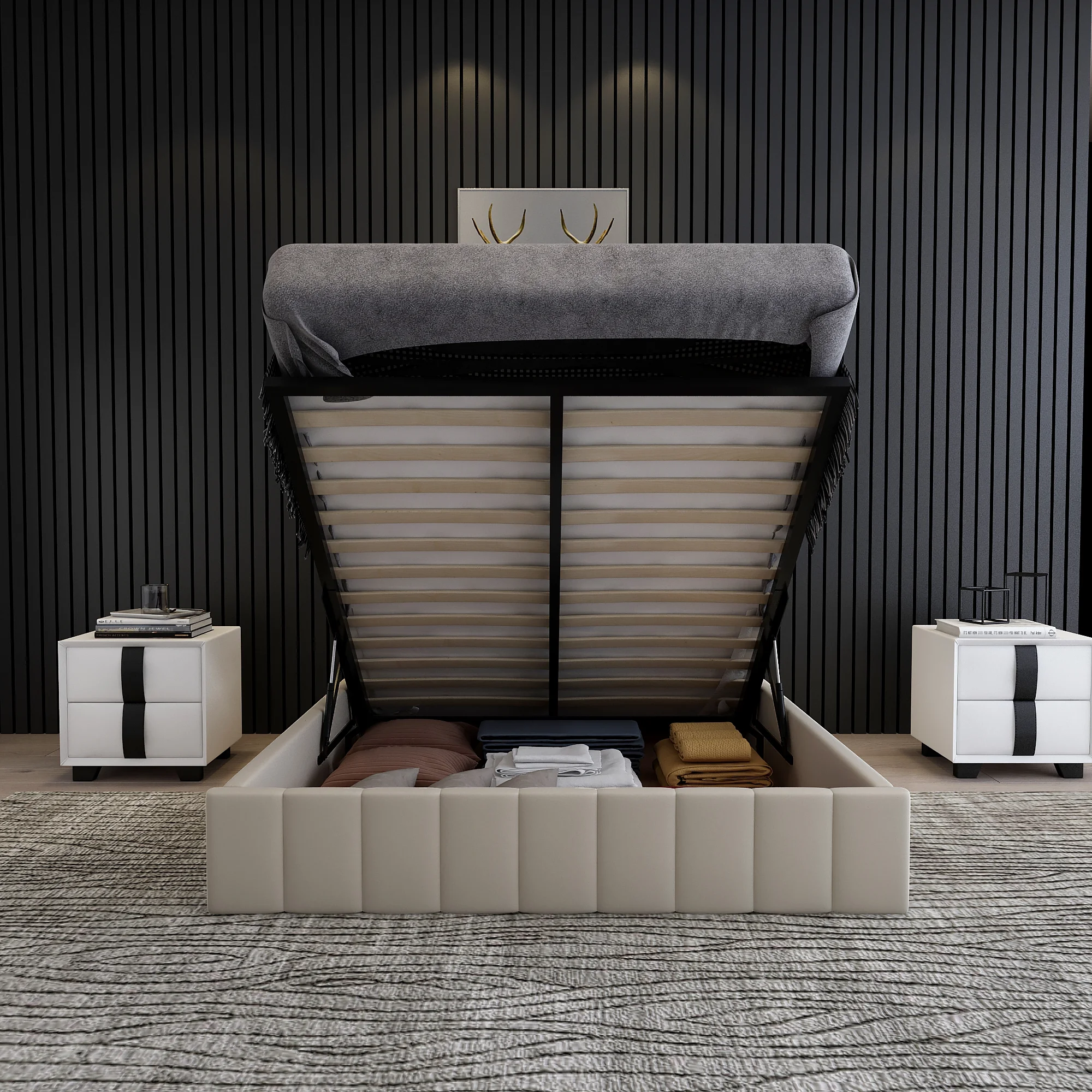 Upholstered Queen beds Gas Lift Up Storage Platform Bed Frame with Tufted Headboard Wooden Slat Support and Under Bed Storage-Beige