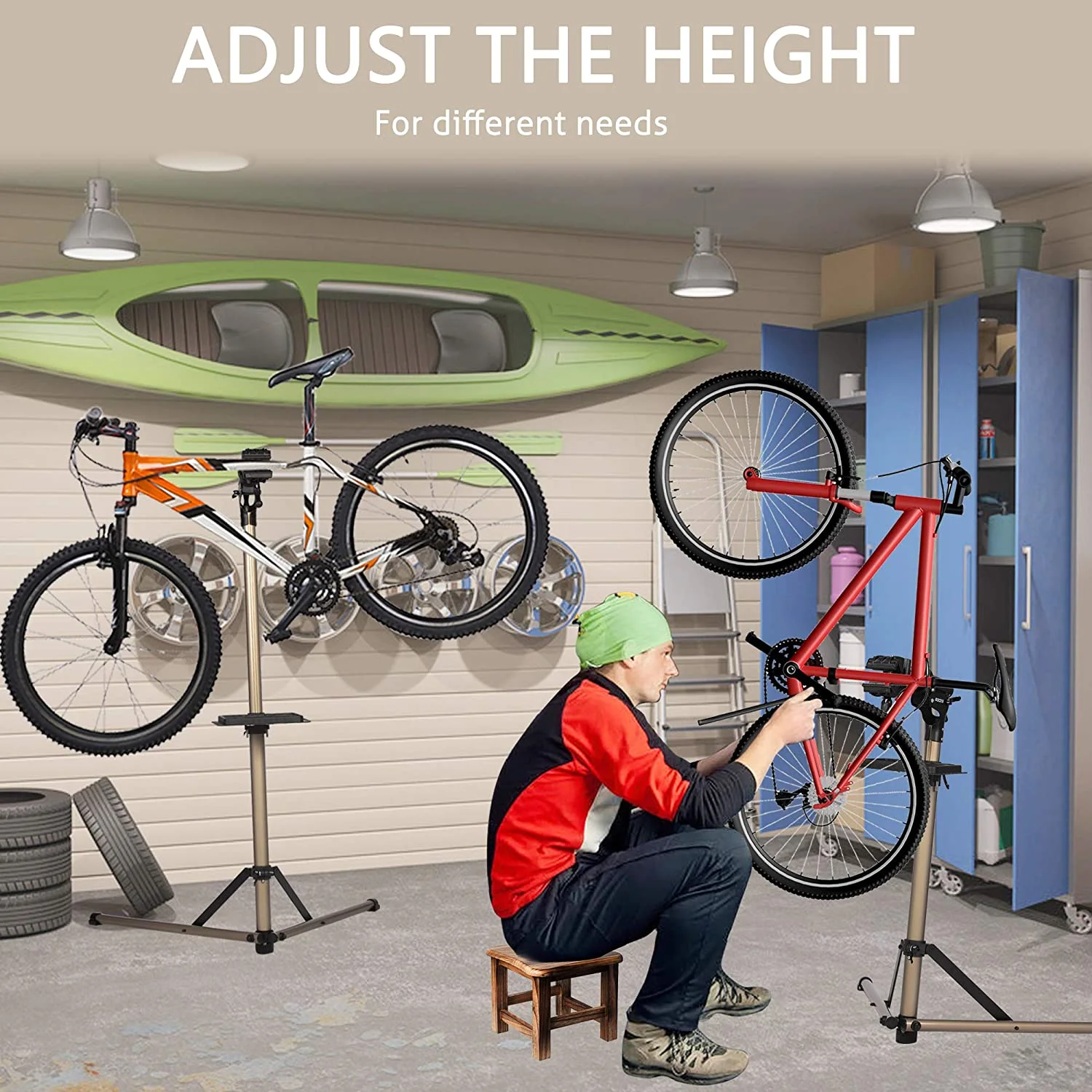 KARMAS PRODUCT Foldable Bike Repair Stand Adjustable Height Bicycle Mechanics Stand Portable Bike Workstand for Home or Professional Team Use with Plate Tools Holder Support up to 60LBS