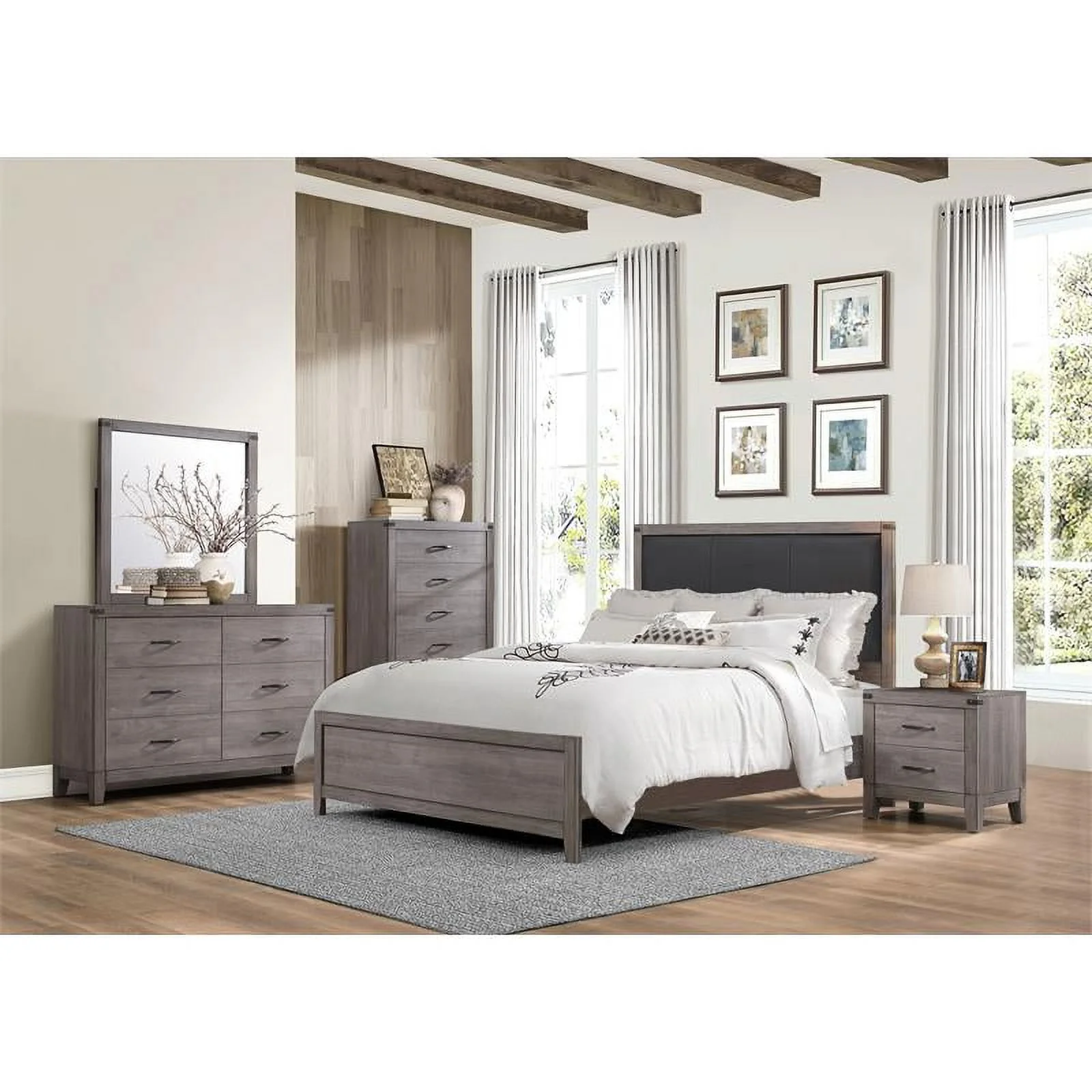 Lexicon Woodrow Contemporary Upholstery Headboard Wood Queen Bed in Gray/Black