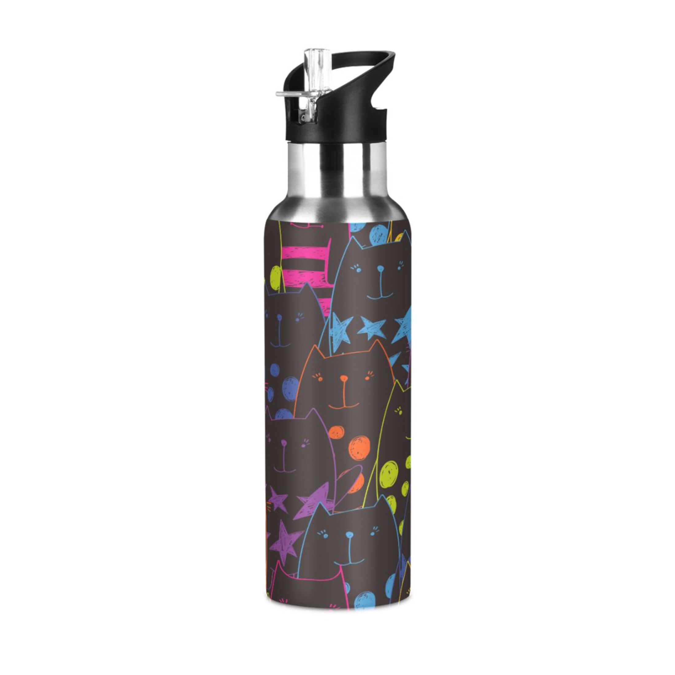 Water Bottle with Straw Lid Leak Abstract Cat Cartoon Stainless Steel Insulated Thermos Vacuum Flask for Cold Hot Drinking for Sports Camping Gym Yoga
