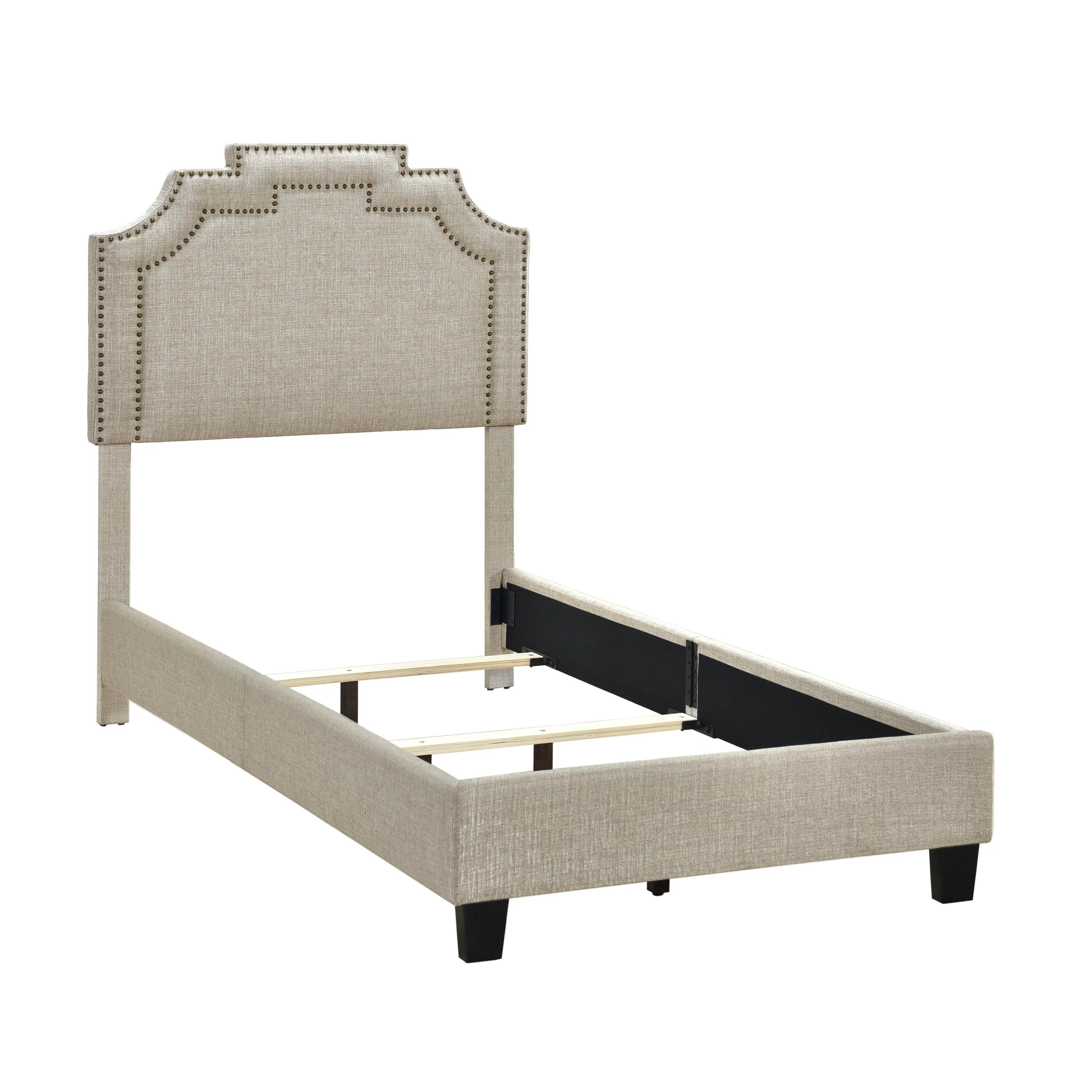 Home Meridian Shaped Twin All-In-One Upholstered Bed in Linen