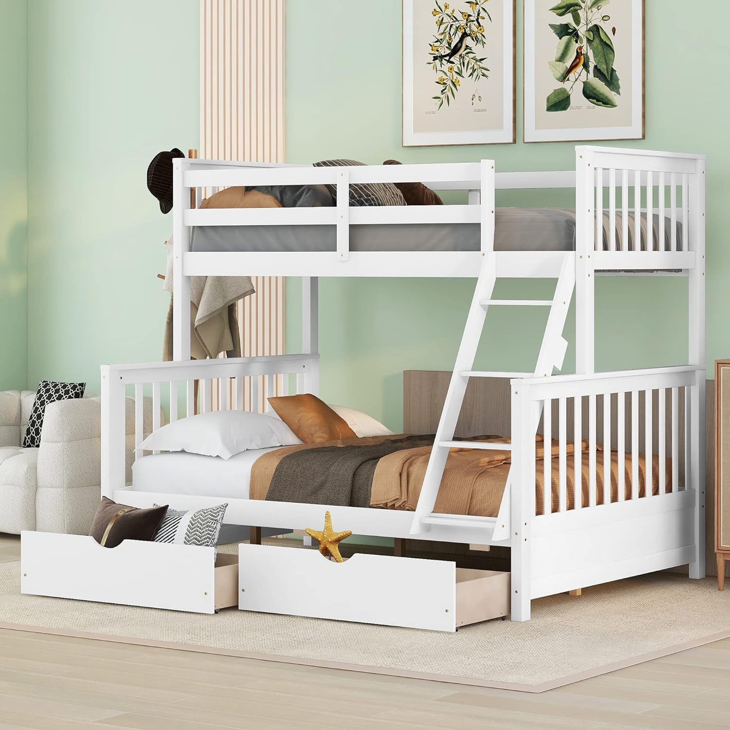 Buk Bed With Drawers, Over Full Buk Bed, Solid Wood Buk Bed Frame With Ladders & 2 Storage Drawers, Bedroom Furiture(White, /Full With Drawers)