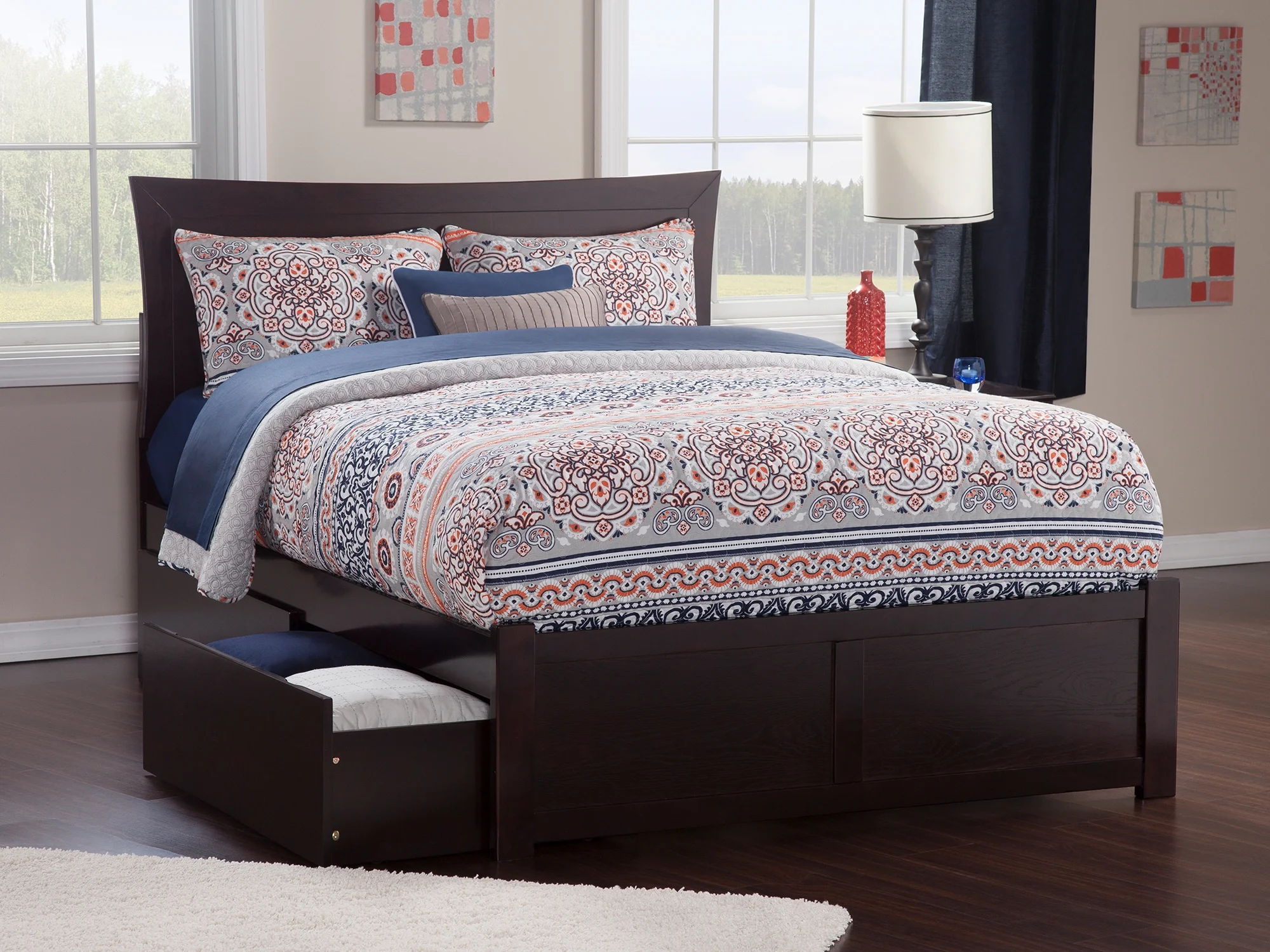 Metro Queen Platform Platform Bed with Flat Panel Foot Board and 2 Urban Bed Drawers in Espresso