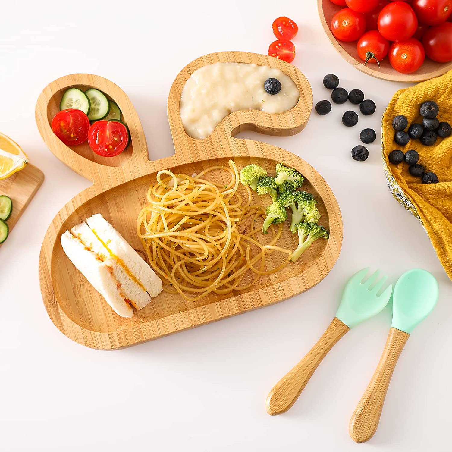 Baby Bamboo Suction Plates Set with Spoons & Fork, Baby Food Dishes Feeding Set for Led Weaning Plate, Baby Utensils Set, BPA Free (Green Bunny)