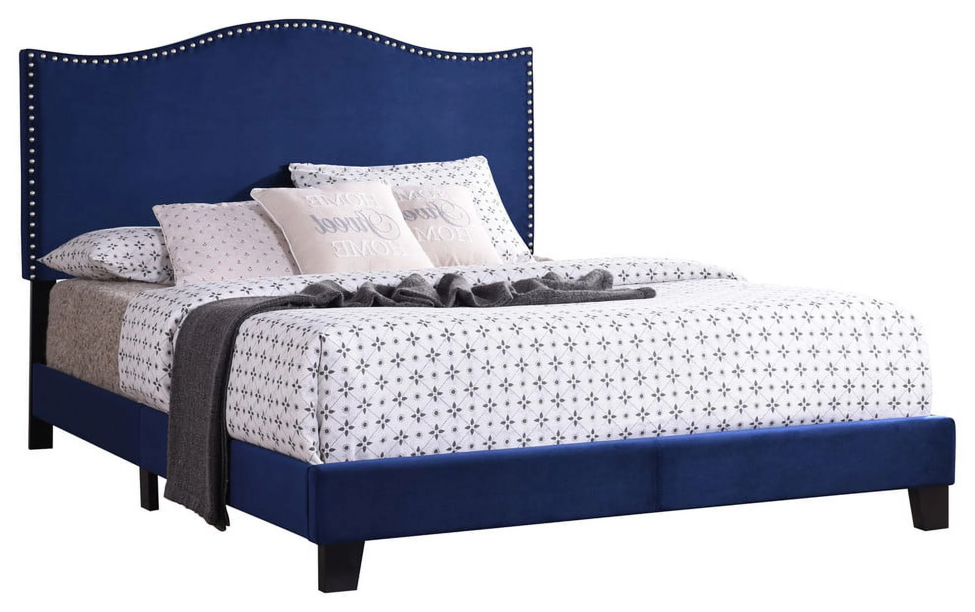 Skye Upholstered Panel Bed, Blue Velvet, Full, With Solid Wood Legs, Nailhead Headboard, Footboard, Rails, Slats