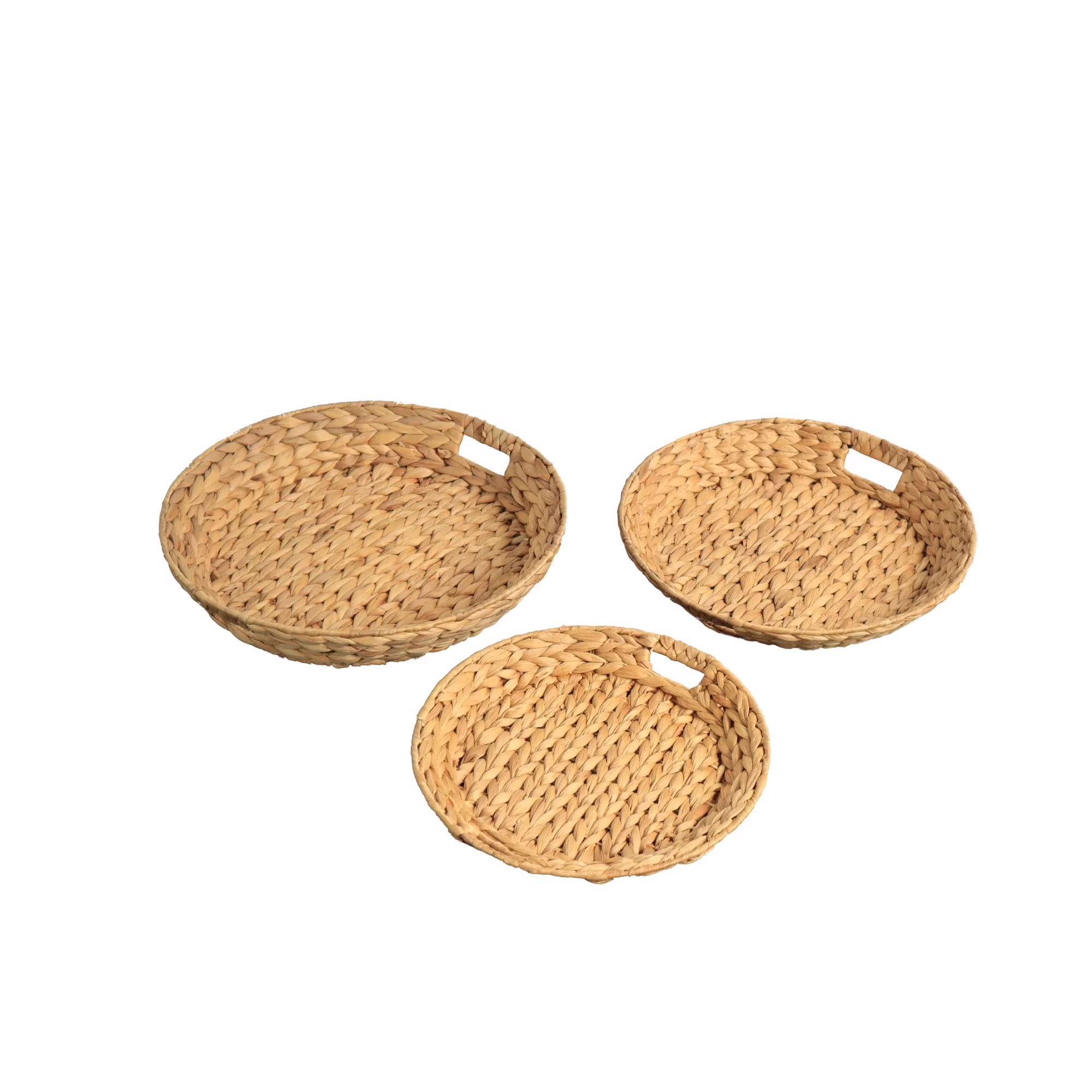 Eden Grace Set of 3 Hand Woven Tapered Round Wicker Serving Trays, Arrow Weave Design with Handles, Tea Tray, Fruit Basket for Coffee Table and Breakfasts