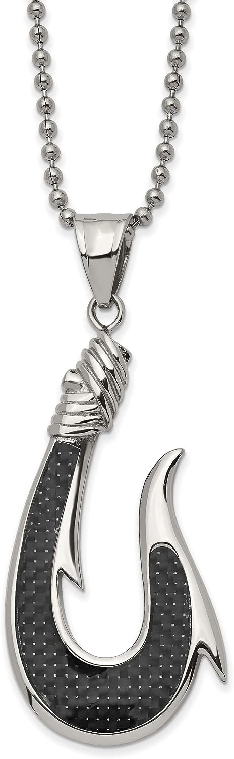 Chisel Stainless Steel Polished with Black Carbon Fiber Inlay Hook Pendant on a Ball Chain Necklace - 22