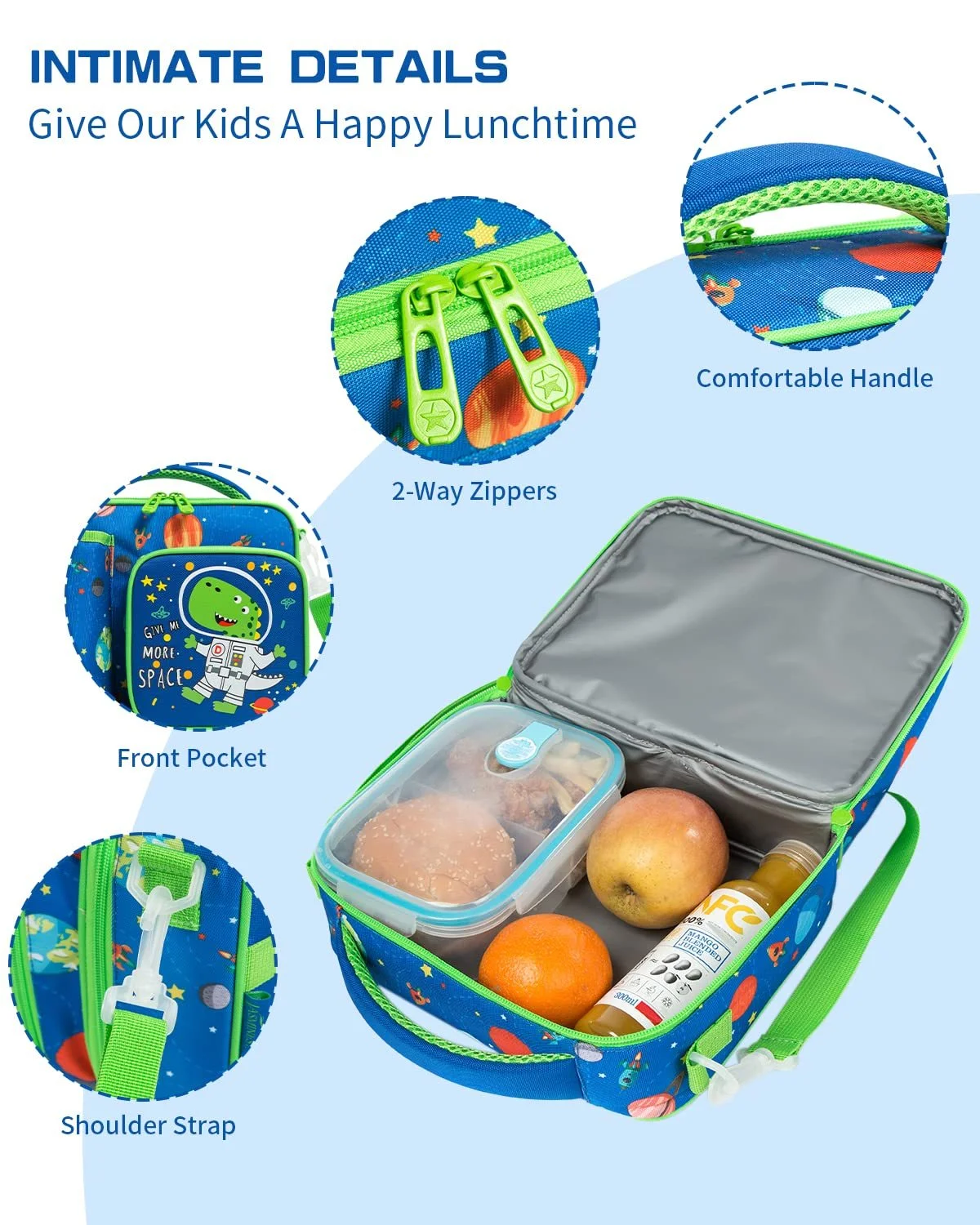 IvyH Kids Insulated Lunch Bag Reusable Lunch Box Thermal Meal Tote Bag,Leakproof Cooler Lunchbox 3 Compartments with Water Bottle Holder,Blue Dinosaur