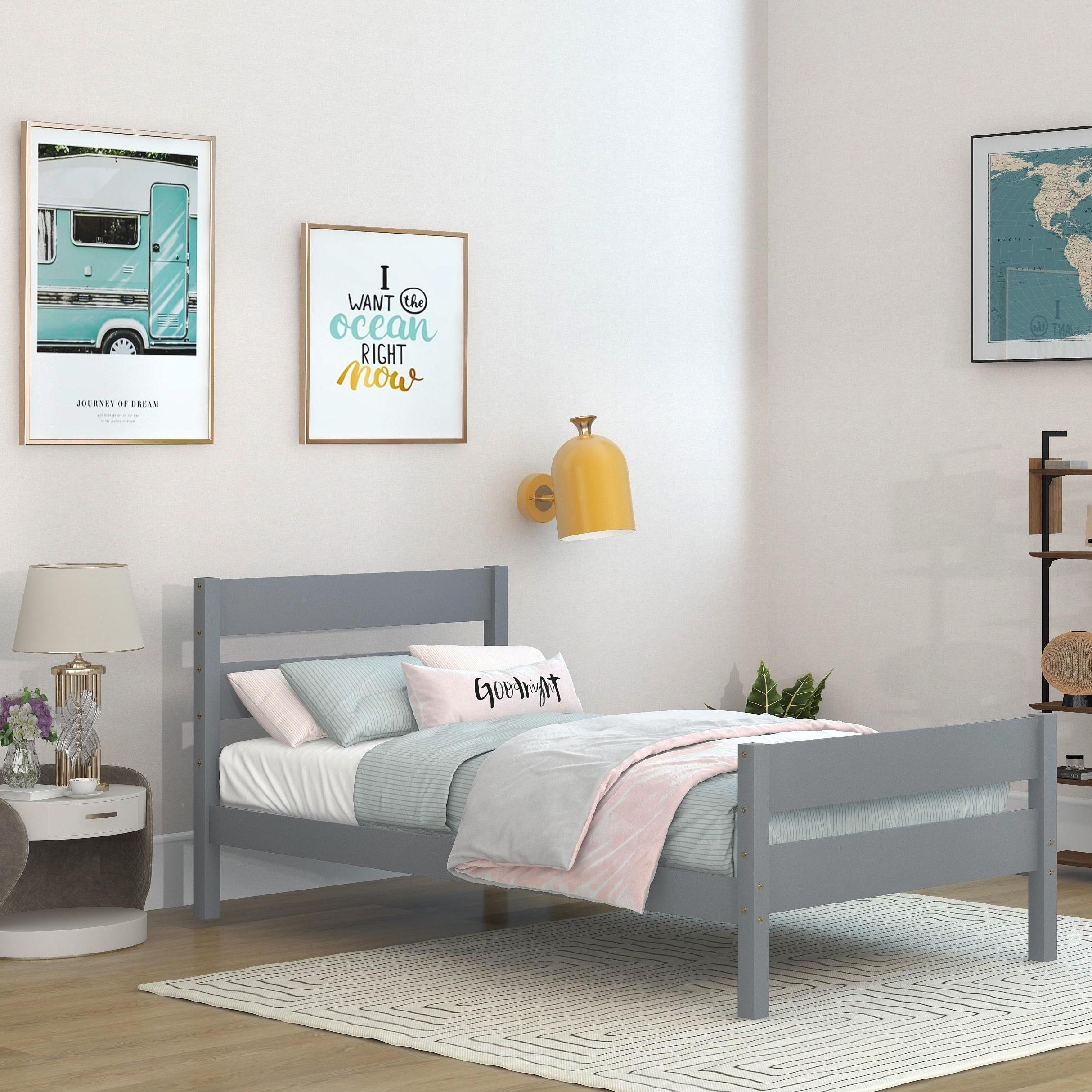 Bellemave Twin Size Pine-Wood Bed Frame With Classic Headboard and Footboard,No Box Spring Needed,Gray