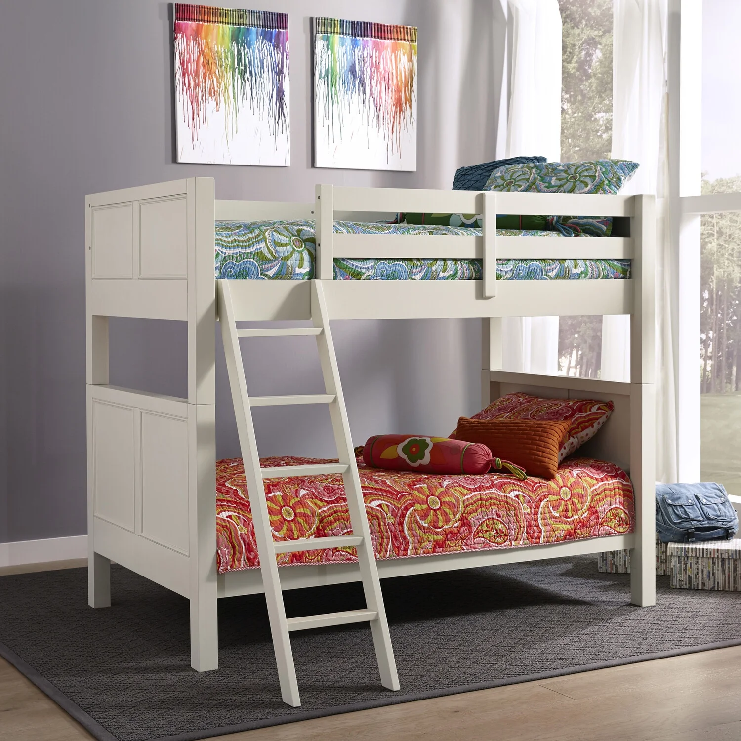 Homestyles Naples Wood Twin Over Twin Bunk Bed in Off White