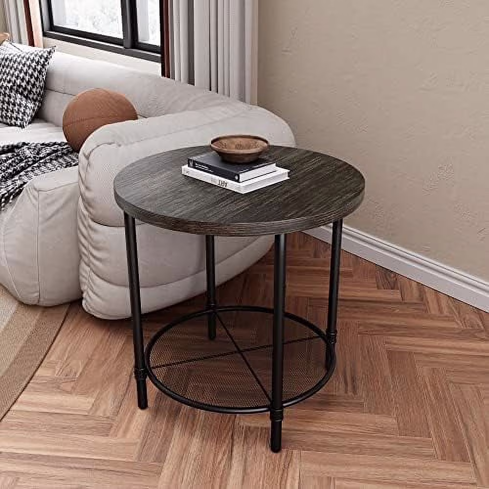 TJUNBOLIFE Round Industrial End Table  23.6in Metal Frame Round Accent  with   Solid Wood Circle Tabletop Bedside Table for Living Room Bedroom  Brushed Black