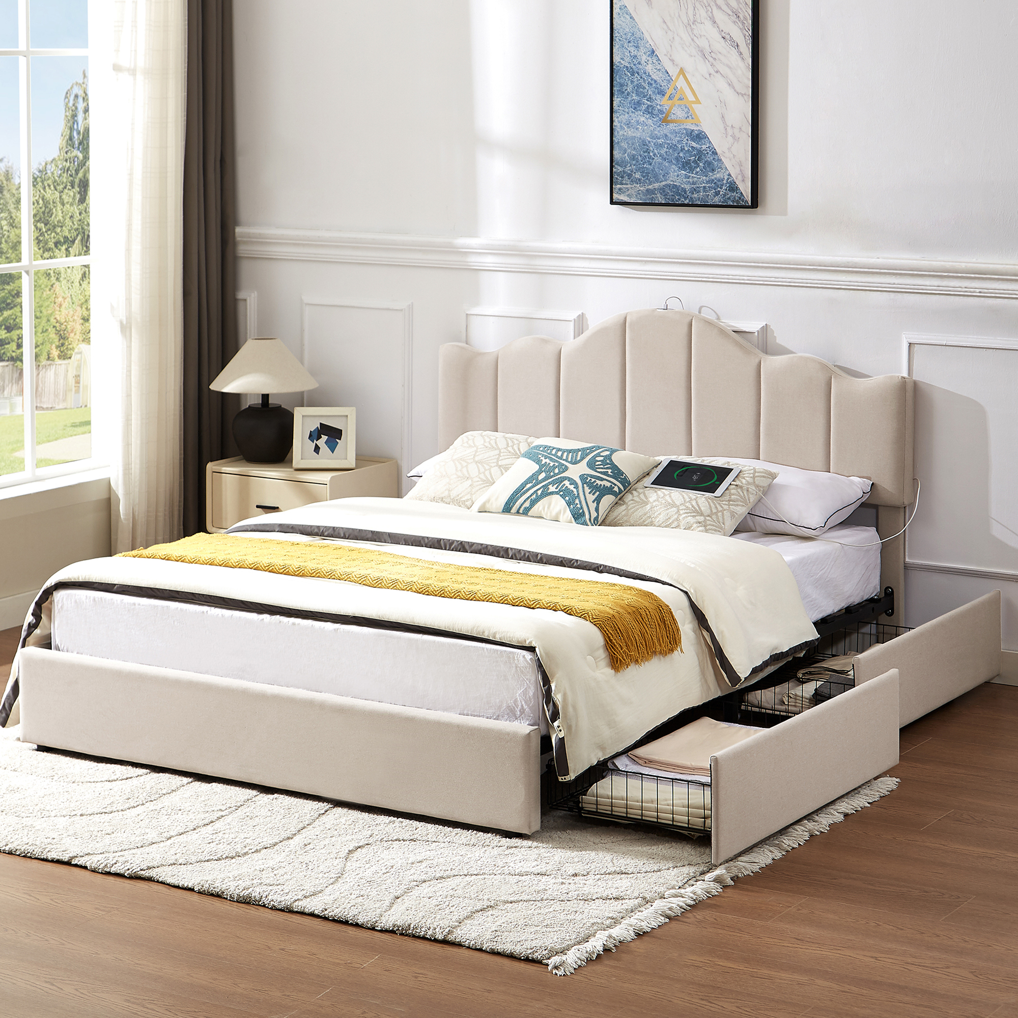 VECELO Queen Size Bed Frame with 4 Storage Drawers, Storage Platform Bed Frame with Type-C & USB Charging Stations, Upholstered Adjustable Headboard, No Box Spring Needed, Beige