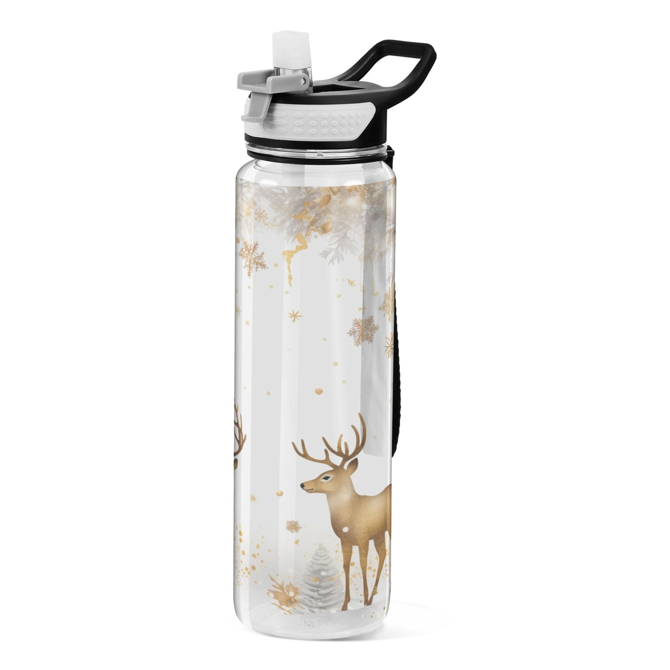 Christmas Deers Golden 32oz Water Bottles with Straw Tritan Leakproof Sports Bottle BPA Free Clear for Fitness Gym Swimming Cycling