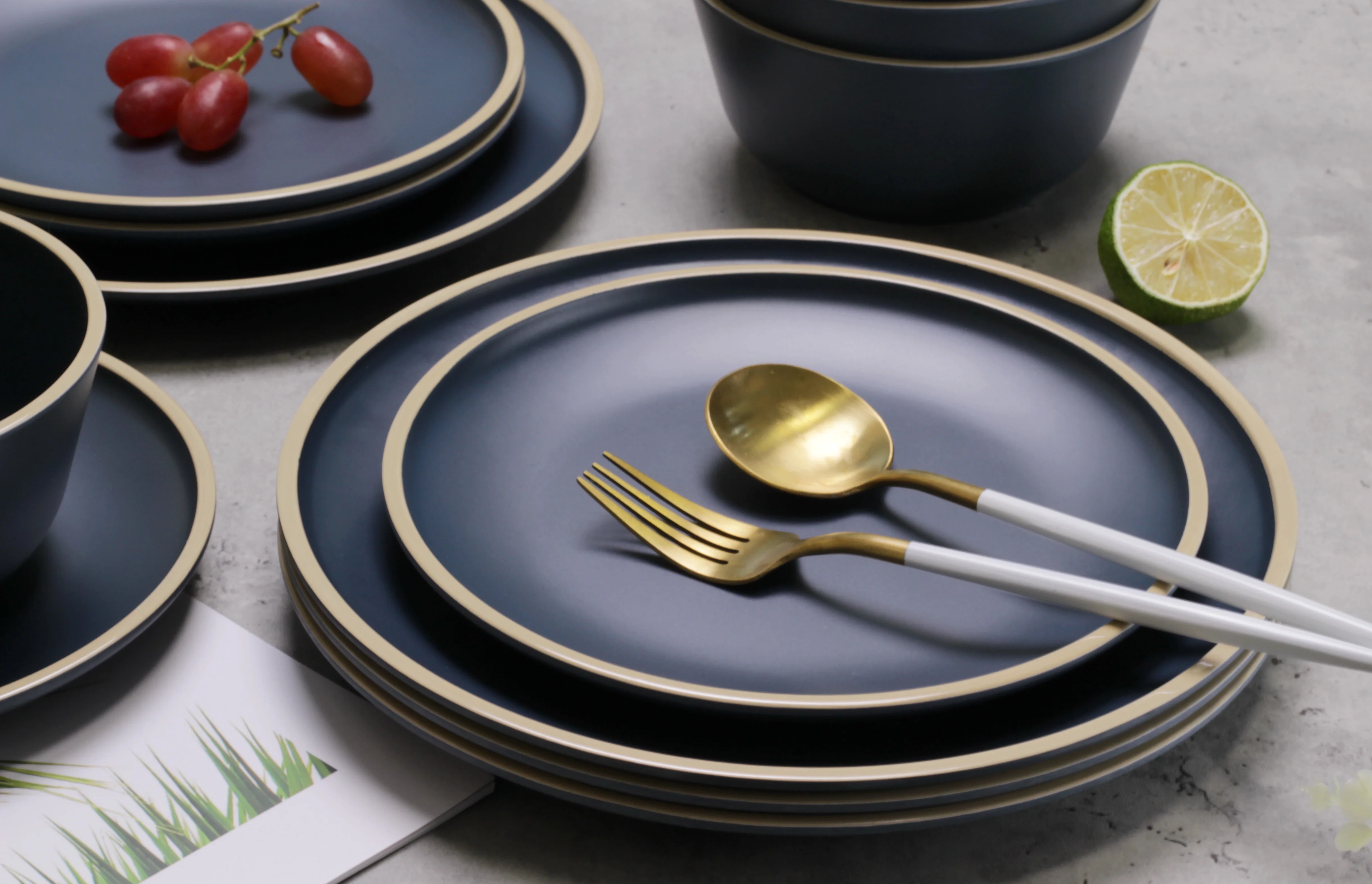 12 Pcs Melamine Plates and Bowls Sets, Dinnerware Sets for 4,Nautical Dinnerware Sets, Dishwasher Safe, BPA Free, Suitable Indoor and Outdoor Use (Navy Blue)