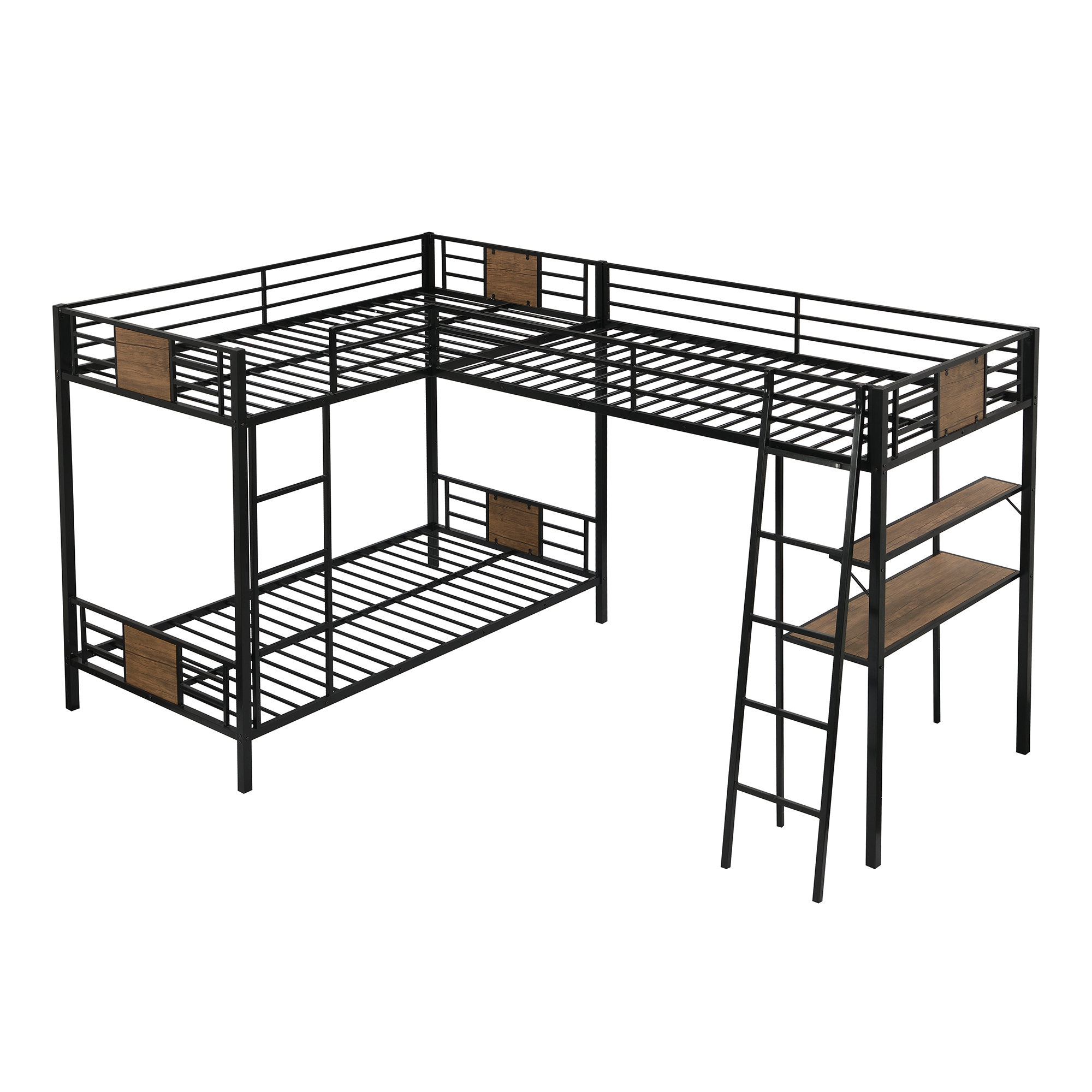 Twin over Twin Metal MDF L-Shaped Bunk Bed with a Loft Attached, Triple Bedframe with Desk, Shelf, Guardrails, and Ladders