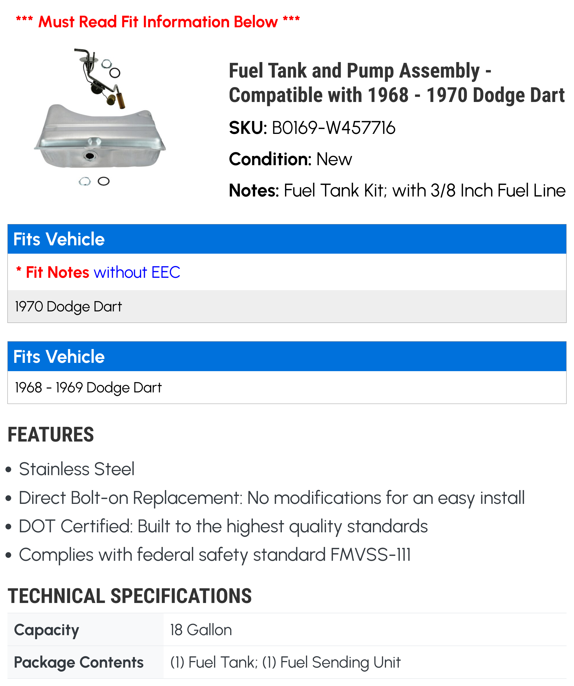 Fuel Tank and Pump Assembly - Compatible with 1968 - 1970 Dodge Dart 1969