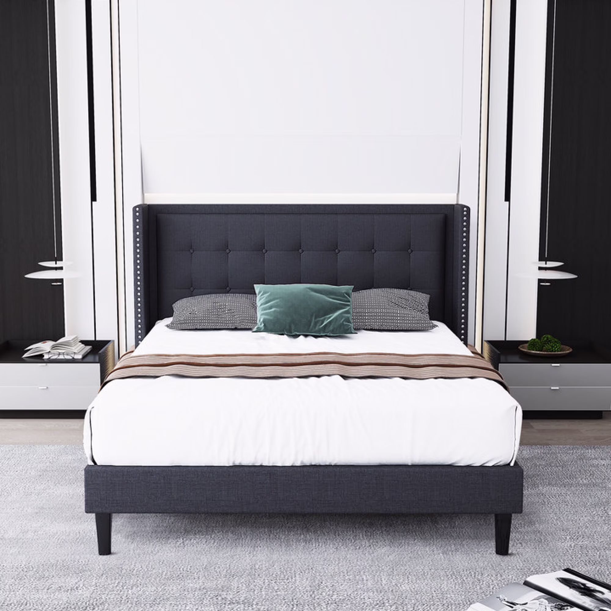 Dark Grey King Size Bed Frame with Upholstered Headboard, Strong Frame, Wooden Slats, Non-Slip, Noise-Free, No Box Spring Needed