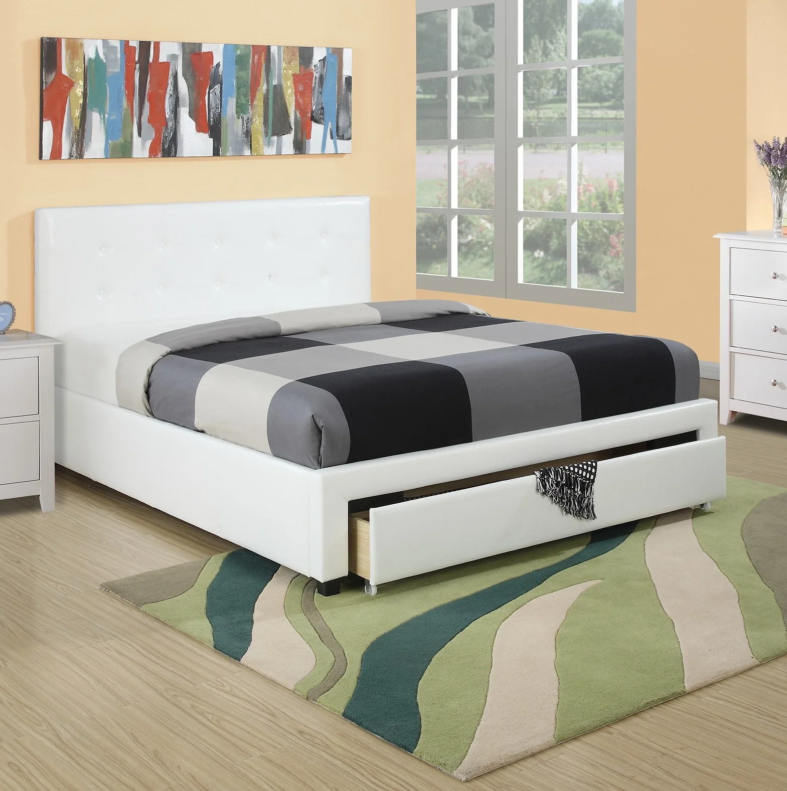 Modern Classic White Full Size Bed Underbed Storage Darwers Wooden Tufted Upholstered Faux Leather 1pc Bedframe Bedroom