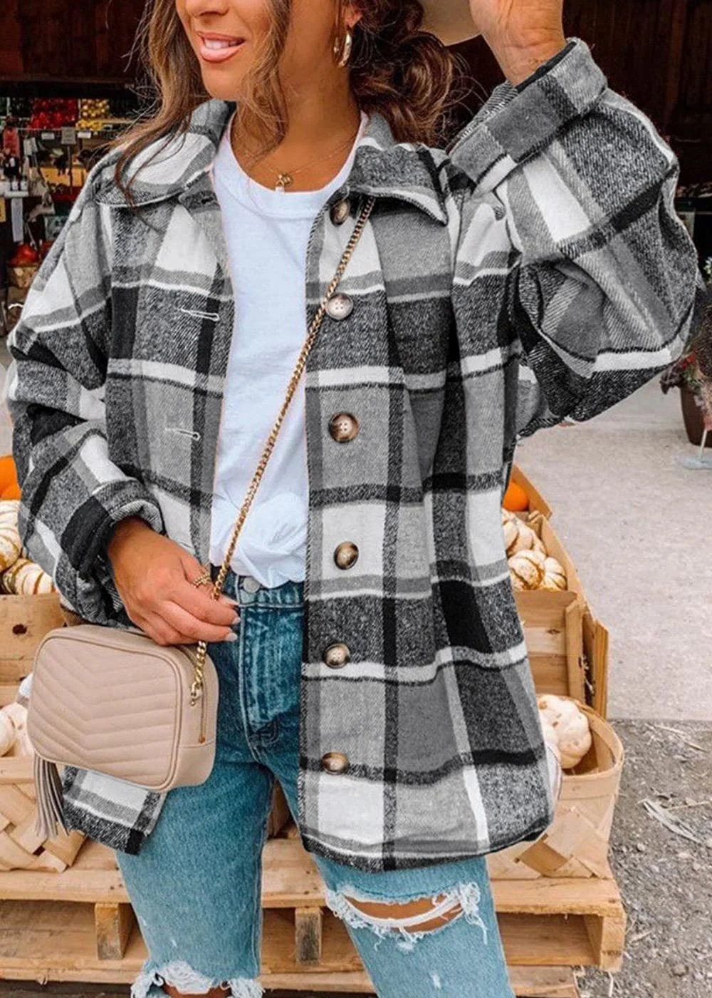 ONLYSHE Women's Plaid Shirts Button Down Shacket Jacket Casual Long Sleeve Cozy Shirts Jacket With Pockets