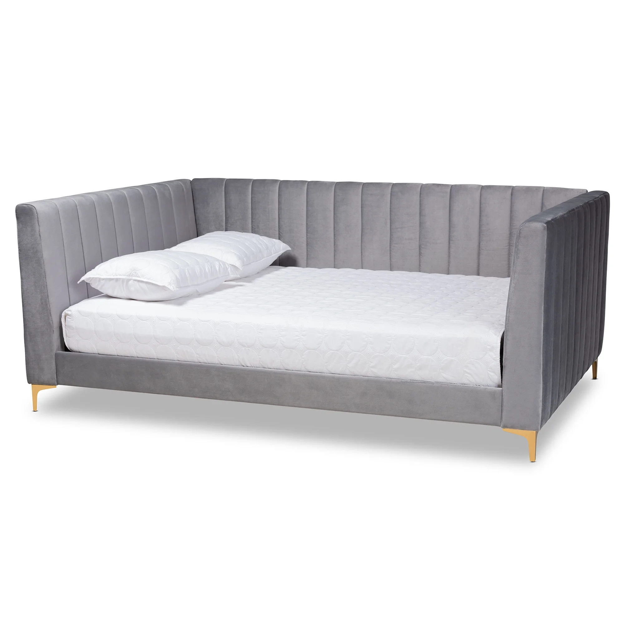 Baxton Studio Oksana Modern Contemporary Glam and Luxe Light Grey Velvet Fabric Upholstered and Gold Finished Queen Daybed