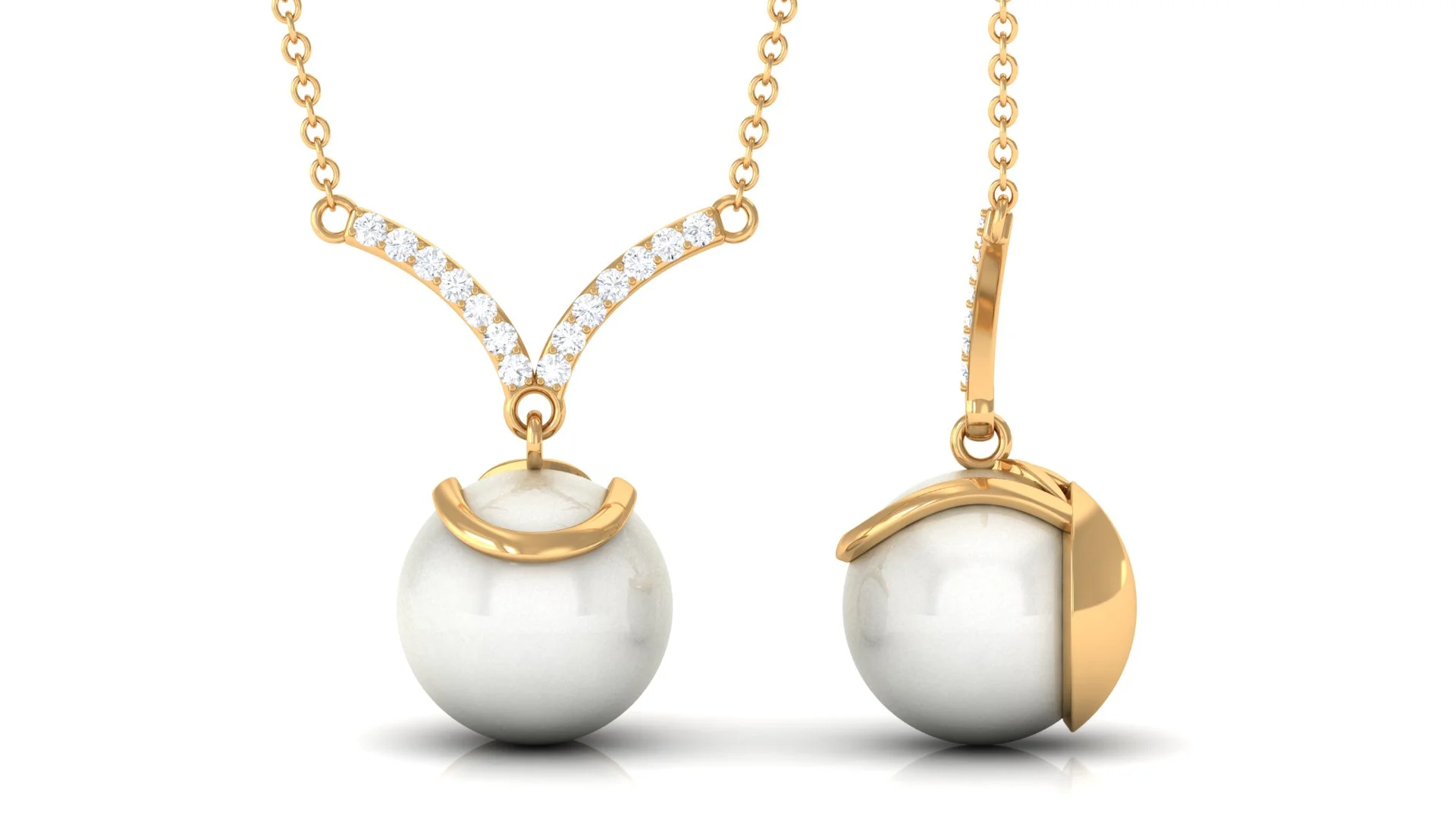 V Necklace for Women, Freshwater Pearl Drop Necklace with Diamond, 18K Yellow Gold