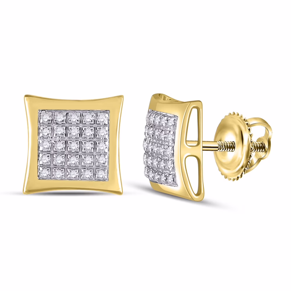 Men's Solid 10kt Yellow Gold Round Diamond Square Kite Cluster Earrings 1/8 Cttw