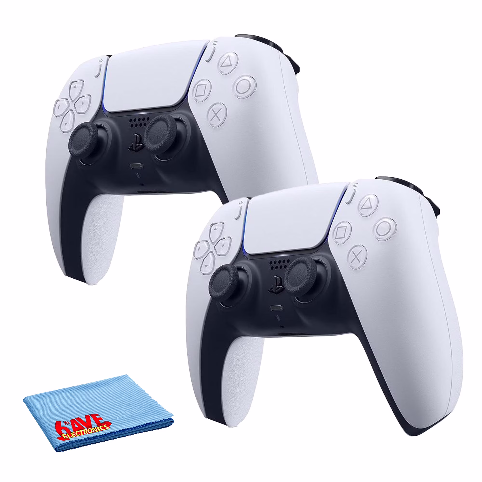 PlayStation 5, PS5 DualSense Wireless Controller - White Bundle With 2x Controllers + 6Ave Microfiber Cleaning Cloth
