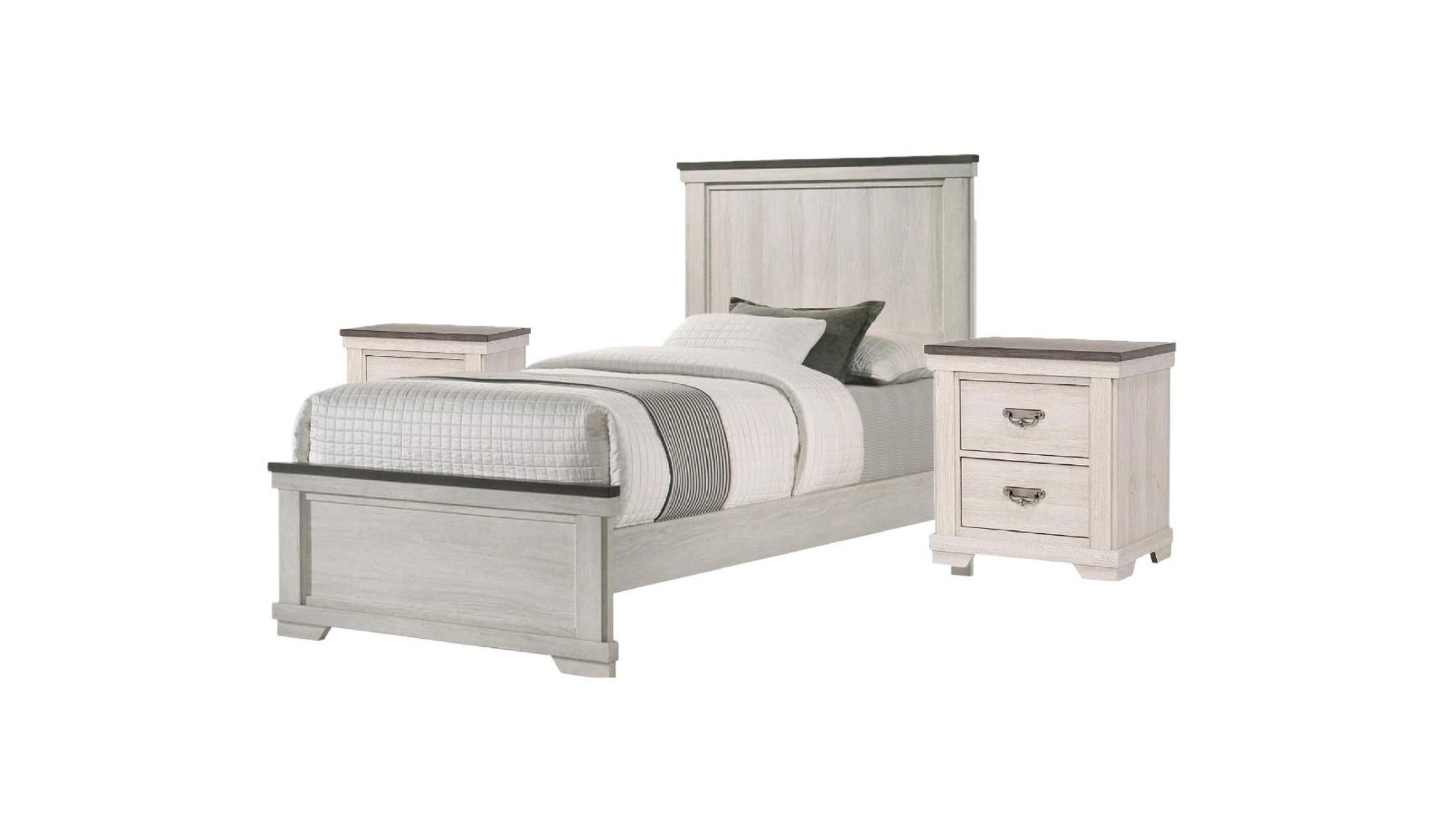 Contemporary 3pc Panel Twin Size Bed and 2x Nightstand Bedroom Set Wooden Furniture Chalk Finish
