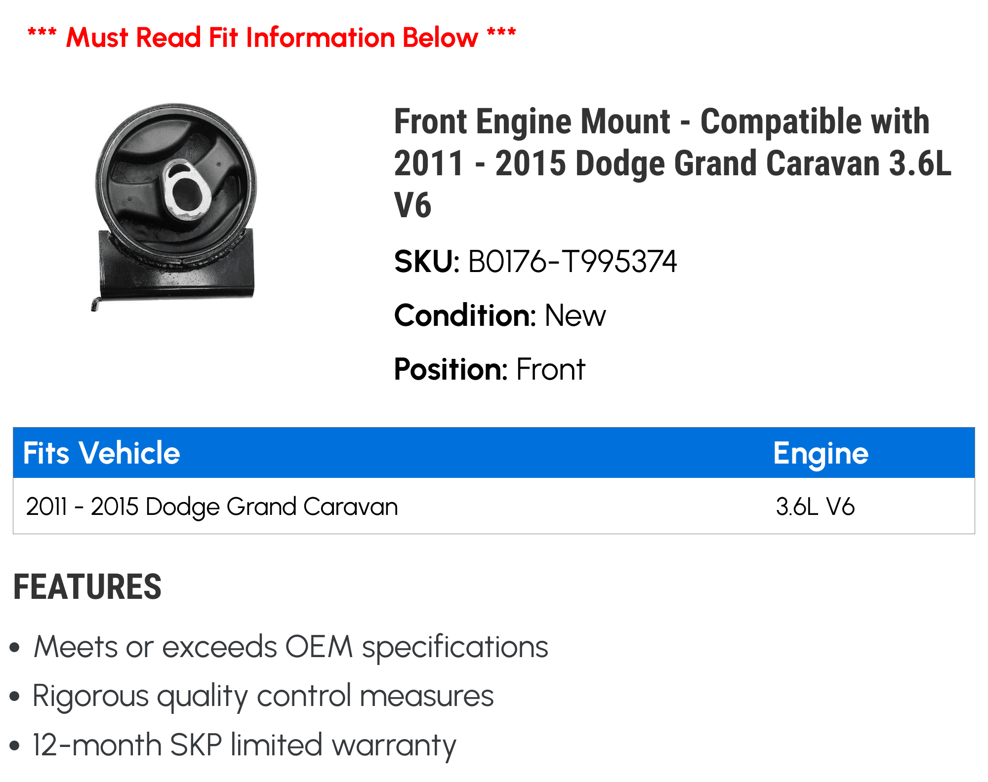 Front Engine Mount - Compatible with 2011 - 2015 Dodge Grand Caravan 3.6L V6 2012 2013 2014