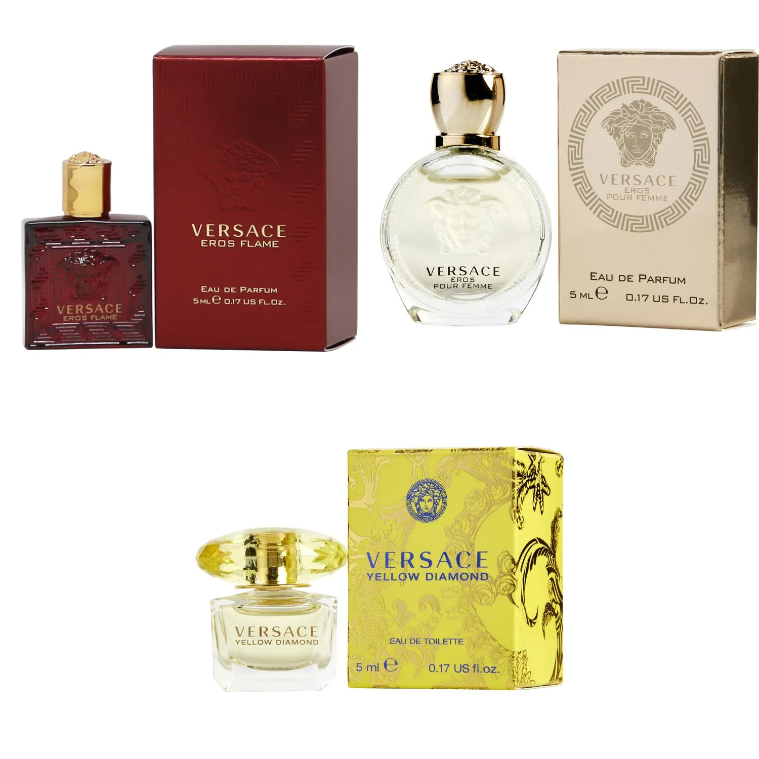 Versace Eros Flame EDP, Eros Women EDP, Yellow Diamond  EDT - 5ml 3PK Kit