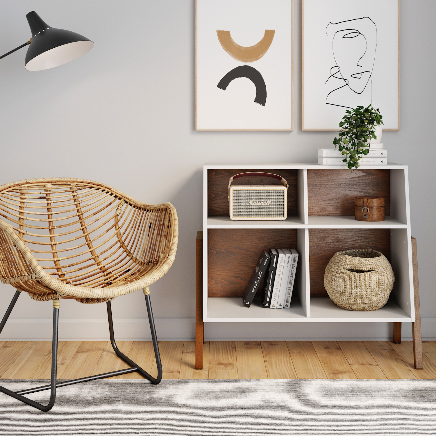 Nathan James Telos Glossy White and Brown Angled Design 4-Cube Storage Organizer, Open Shelf Bookcase