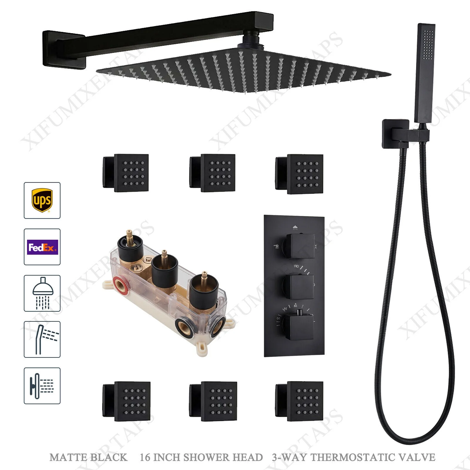 Zovajonia Shower System Matte Black 16 Inches LED Shower Faucet Set,   Rain Shower Head with Handheld Spray laundry jet system Bathroom Wall Mount Shower Fixtures