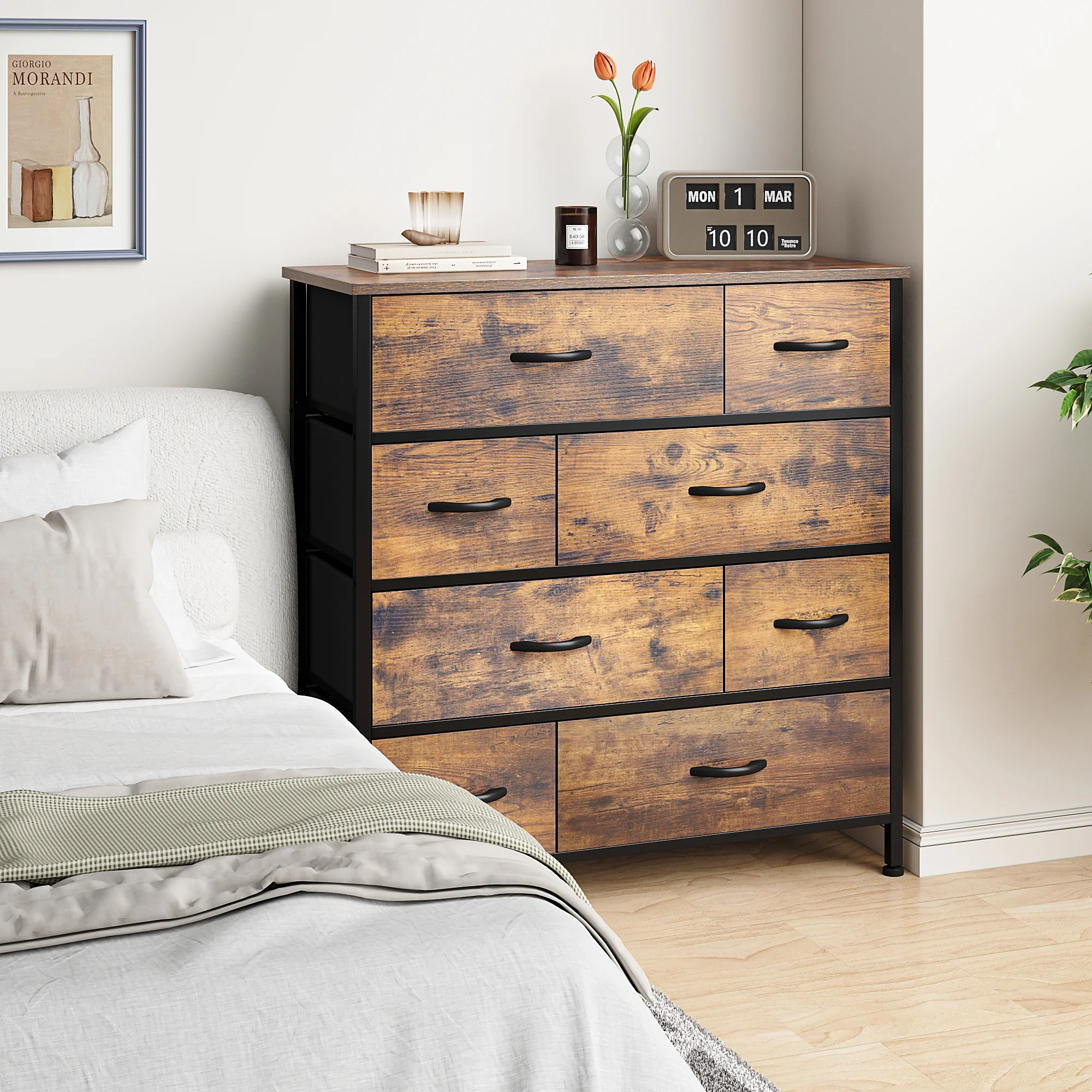 EnHomee Storage Dressers for Bedroom Fabric Dresser with 8 Drawer Tall Dresser Chest of Drawers Wood Dresser Organizer for Bedroom Industrial Modern Dresser for Closet, Rustic Brown DIY Layout