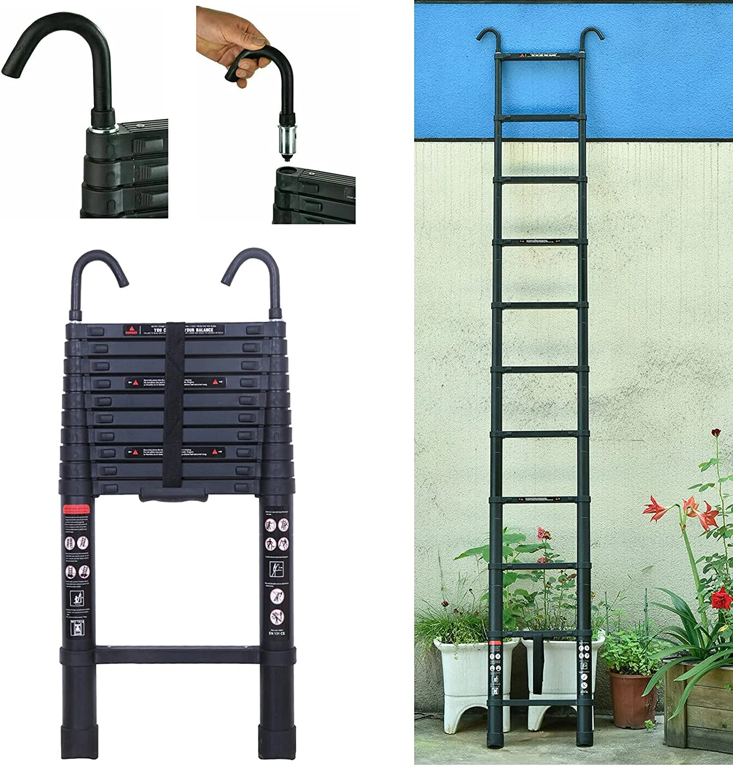 Dayplus 3.2M/10.5Ft Folding Aluminum Telescopic Extension Ladder Step with Hook