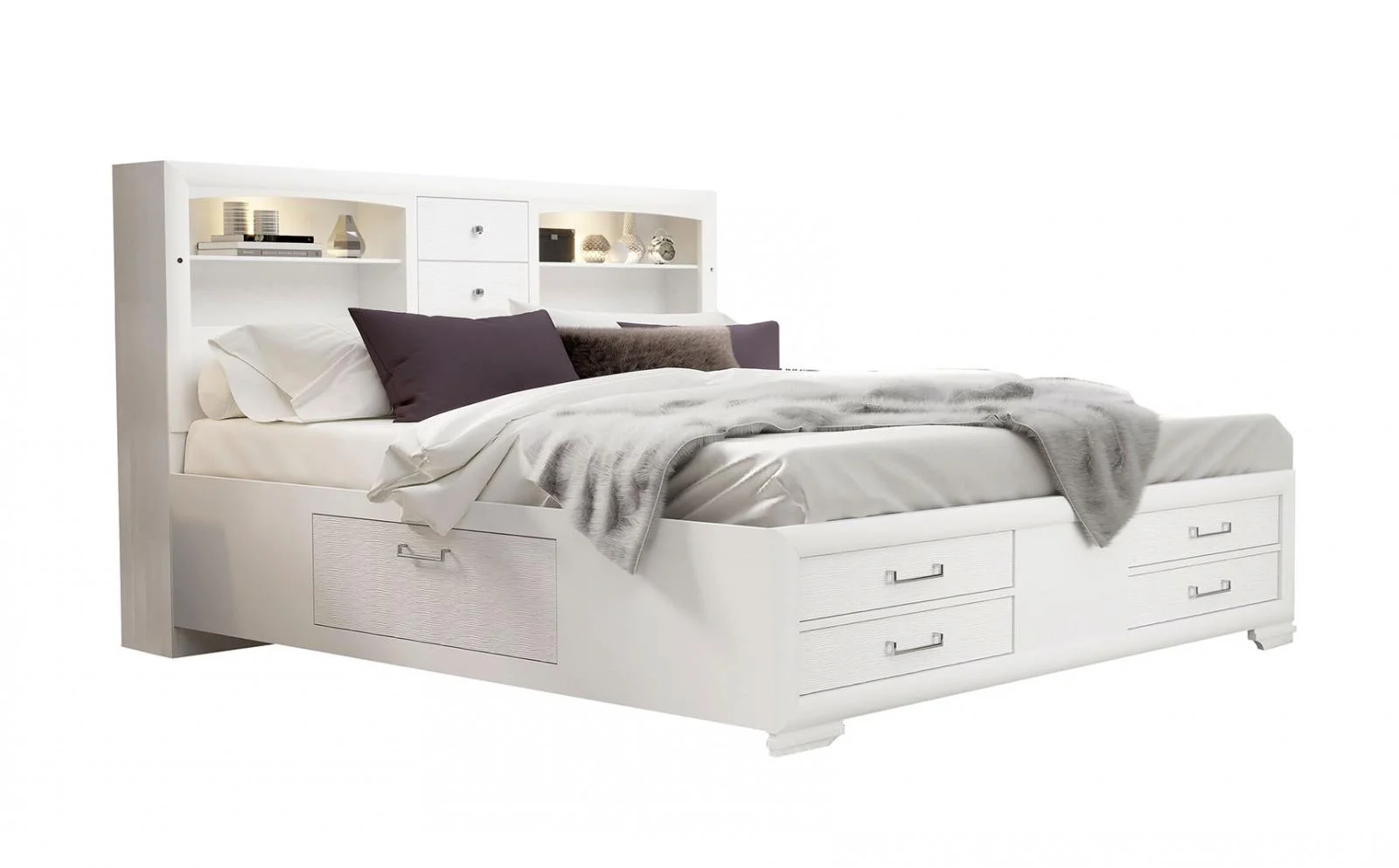Storage King Bed & 2 Nightstands Glossy White Modern Global Furniture Jordyn