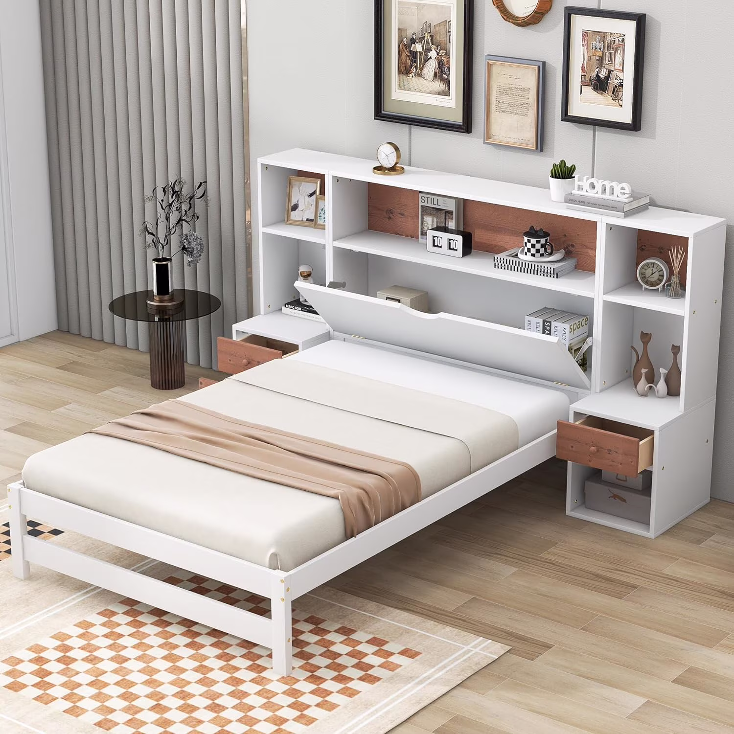 Size Platform Bed With Bookcase Headboard And Storage Drawers, Solid Wood Bed Frame, Wood Slat Support, No Box Spring Needed, White