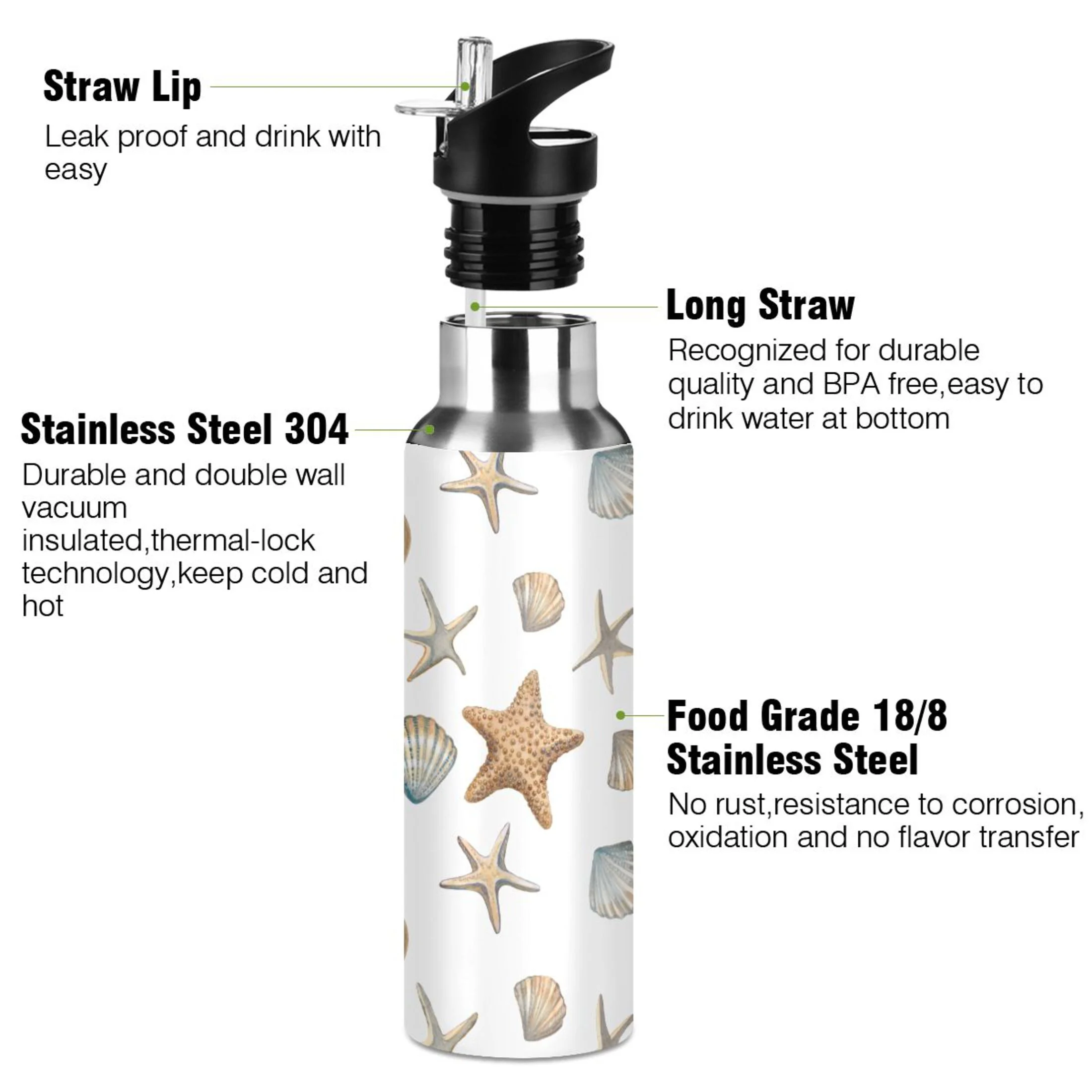 Seashells Seastars Water Bottles Insulated Thermos Kids Stainless Steel Bottle with Straw Lid Flask Leakproof for Sports Gym 20 oz