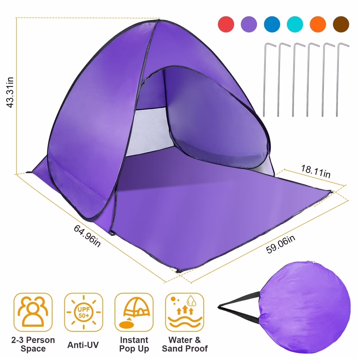 Pop Up Beach Tent Sun Shade Shelter Anti UV Automatic Waterproof Tent Canopy for 2 to 3 Man with Net Window Storage Bag