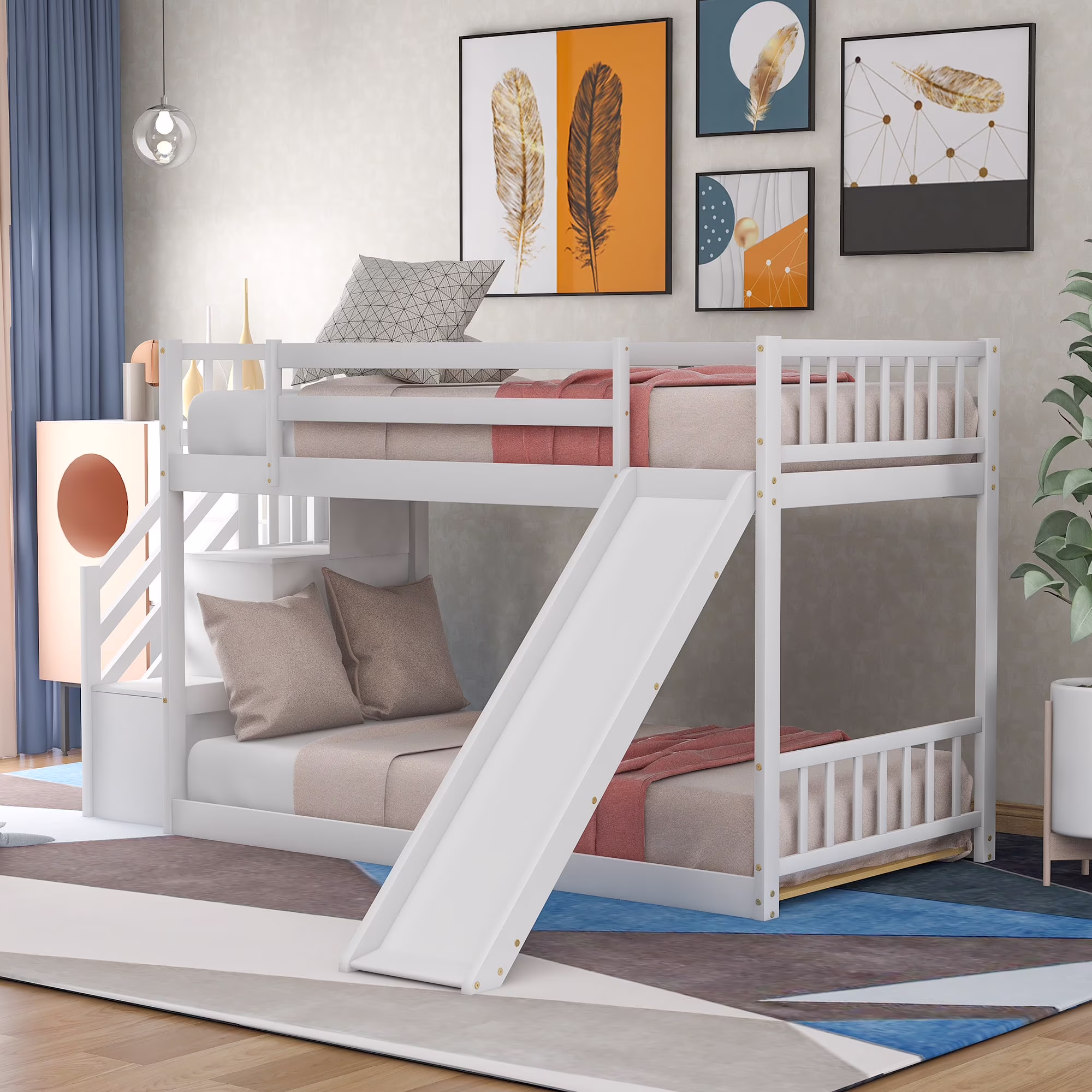 Bunk Bed Twin Over Twin: Loft Bed Meter Bunk Bed with Slide Stairs Low Bunk Bed for Kids