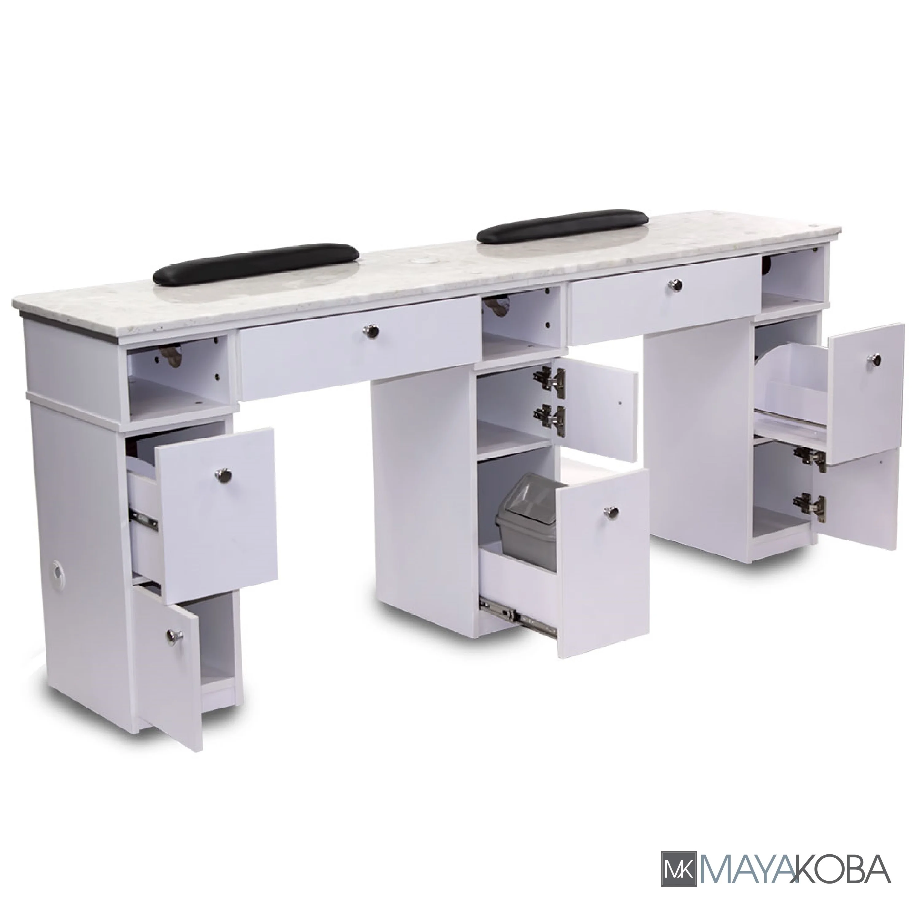 MAYAKOBA Sonoma Double Manicure Table (With Vent Pipes) Nail Station for Beauty Salon Furniture & Equipment, Marble Top, Modern White/Silver