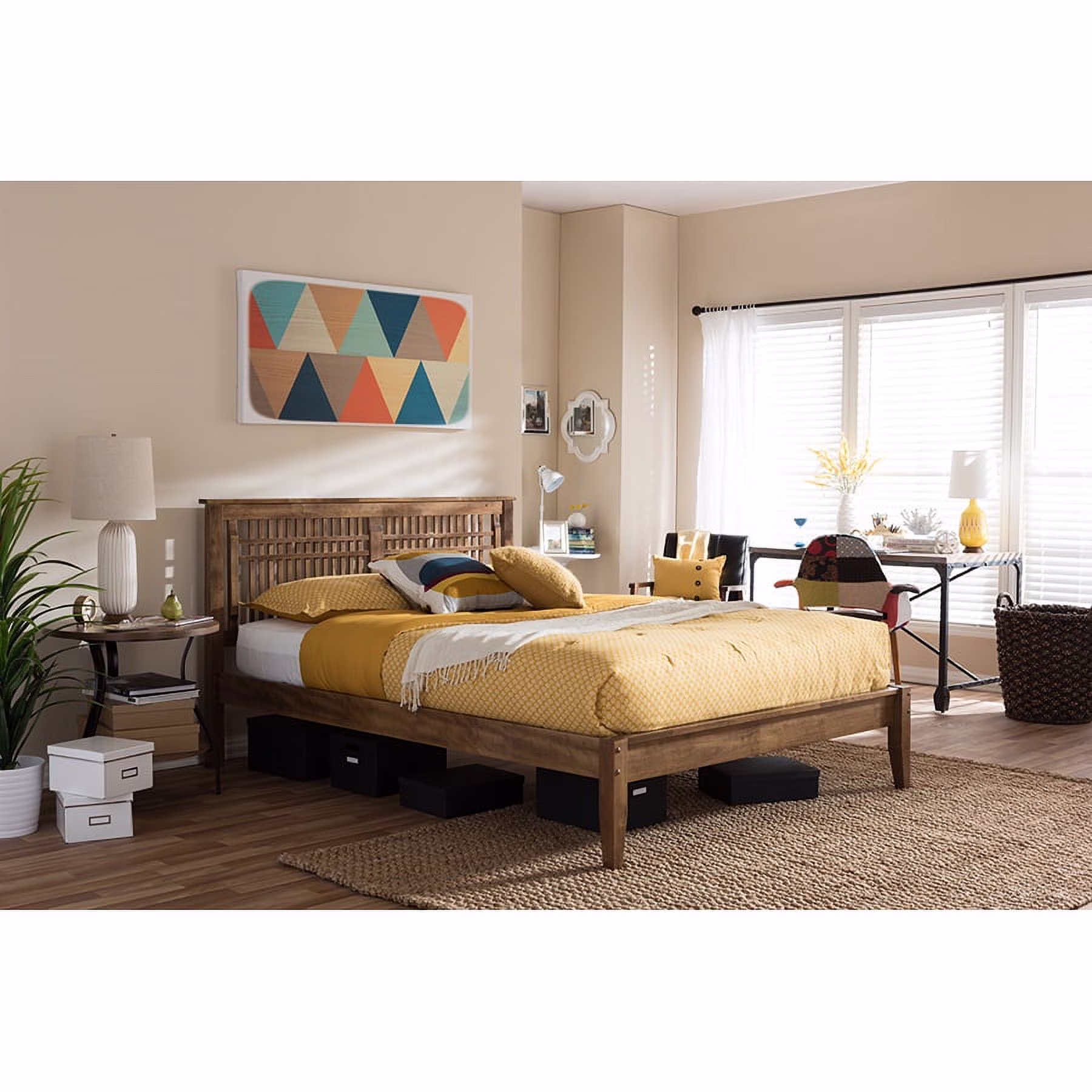 Baxton Studio Loafey Solid Walnut Window-Pane Style Platform Bed
