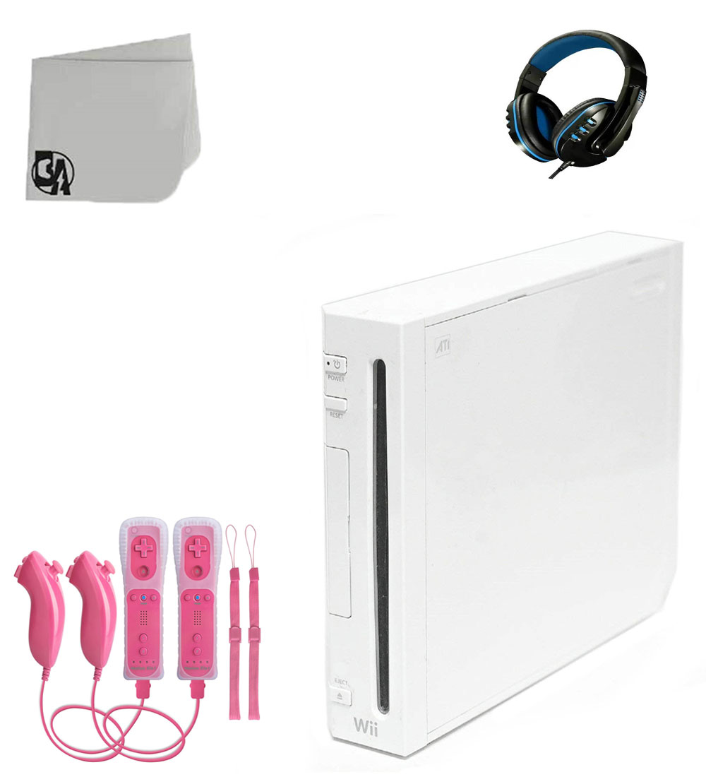 Nintendo Wii White Gaming Console With 2 Pink Gaming Controller + Head Set BOLT AXTION Bundle Like New
